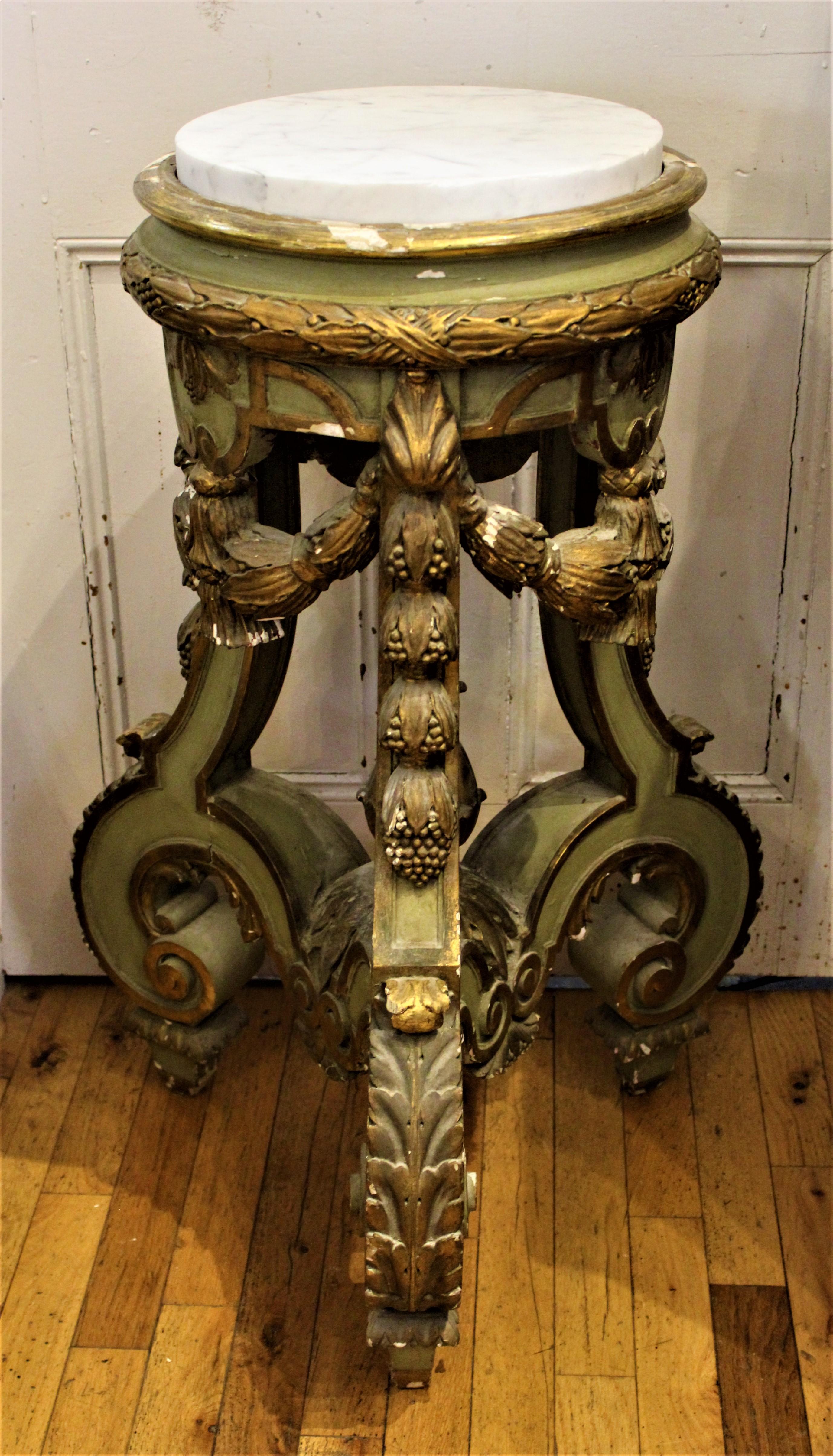 Rococo Antique Italian Hand Painted Carved Wood and Gesso Pedestal with Marble Top For Sale