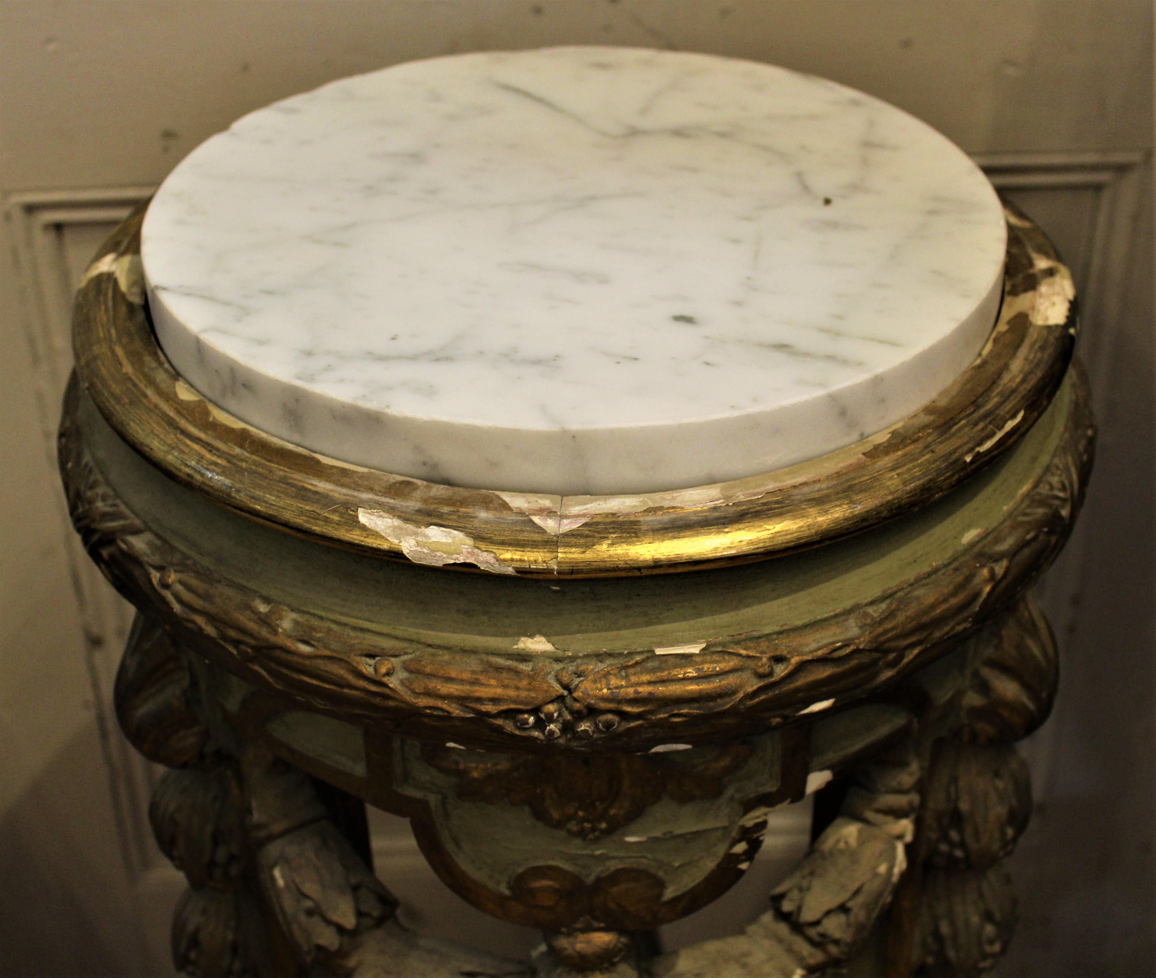 Antique Italian Hand Painted Carved Wood and Gesso Pedestal with Marble Top For Sale 1