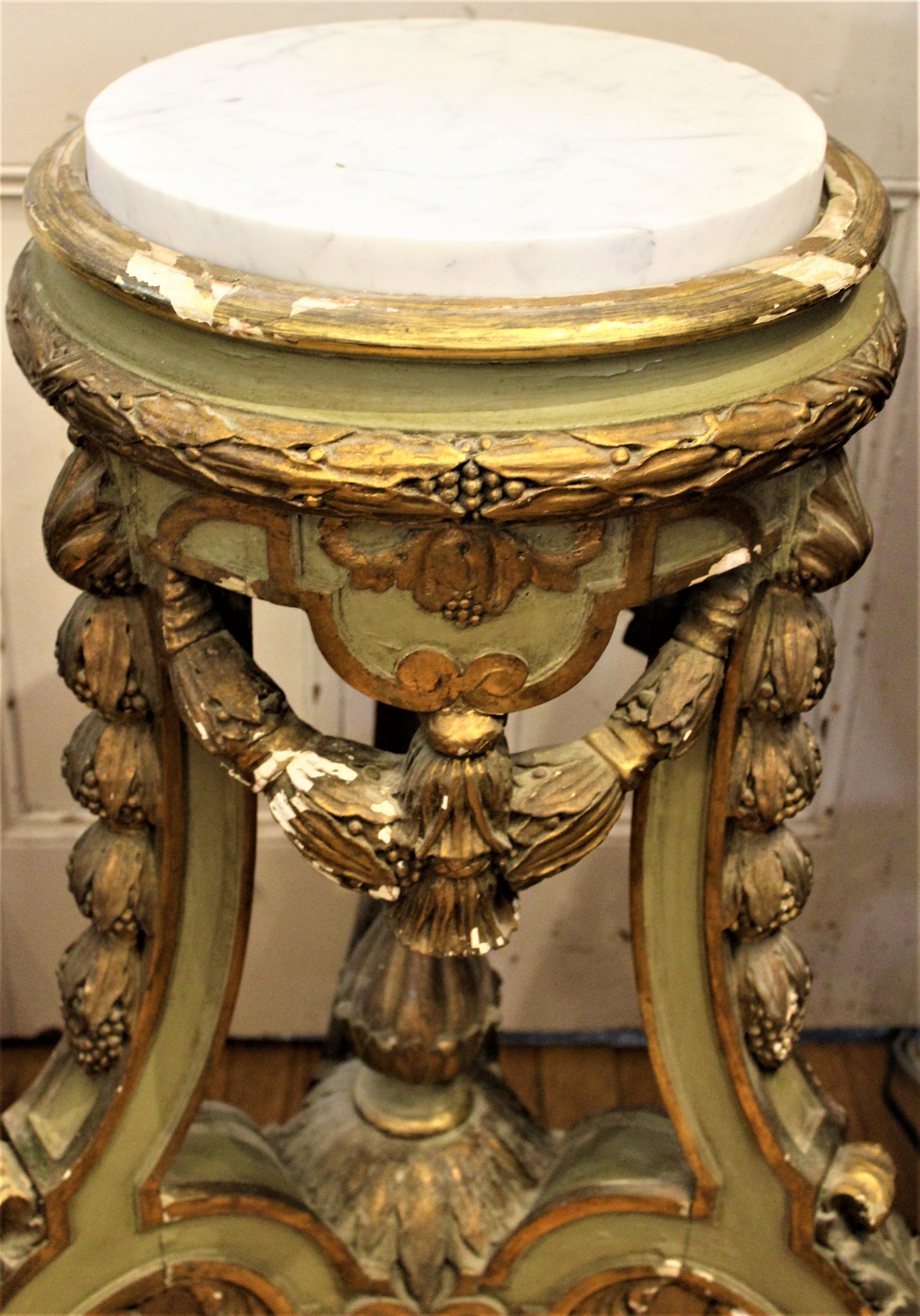 Antique Italian Hand Painted Carved Wood and Gesso Pedestal with Marble Top For Sale 2