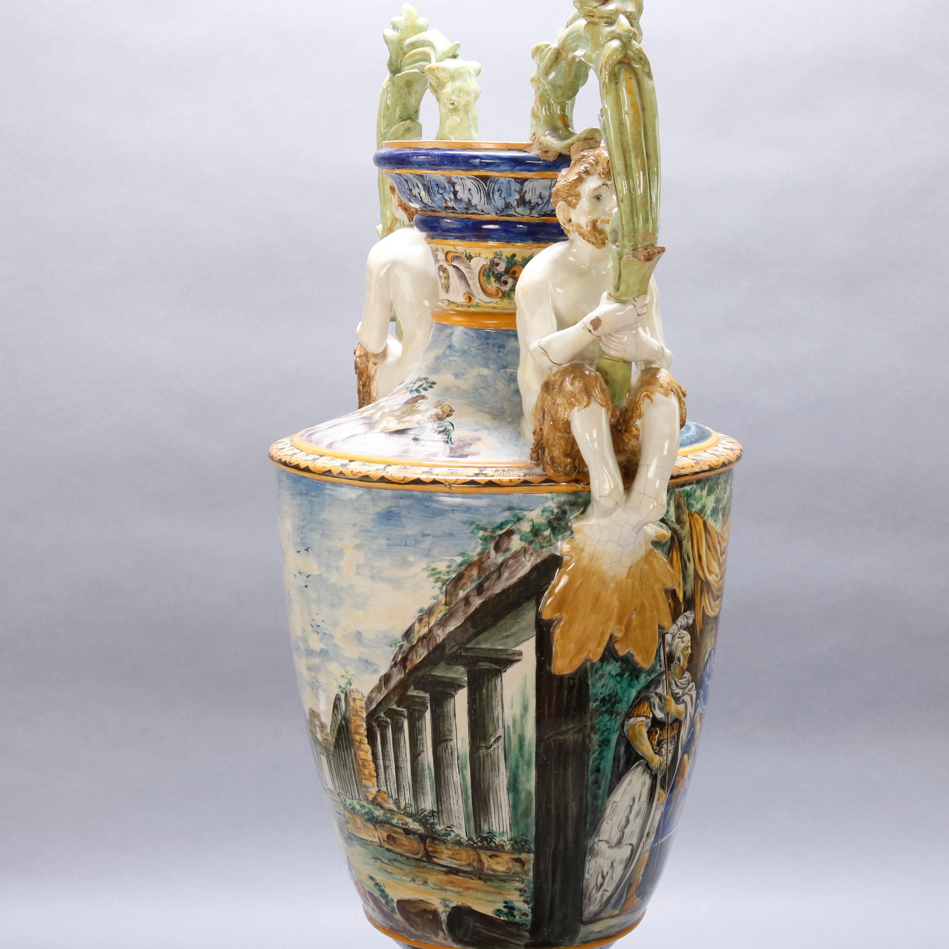 Antique Hand Painted Figural Majolica Pottery Classical Floor Urn, circa 1880 6