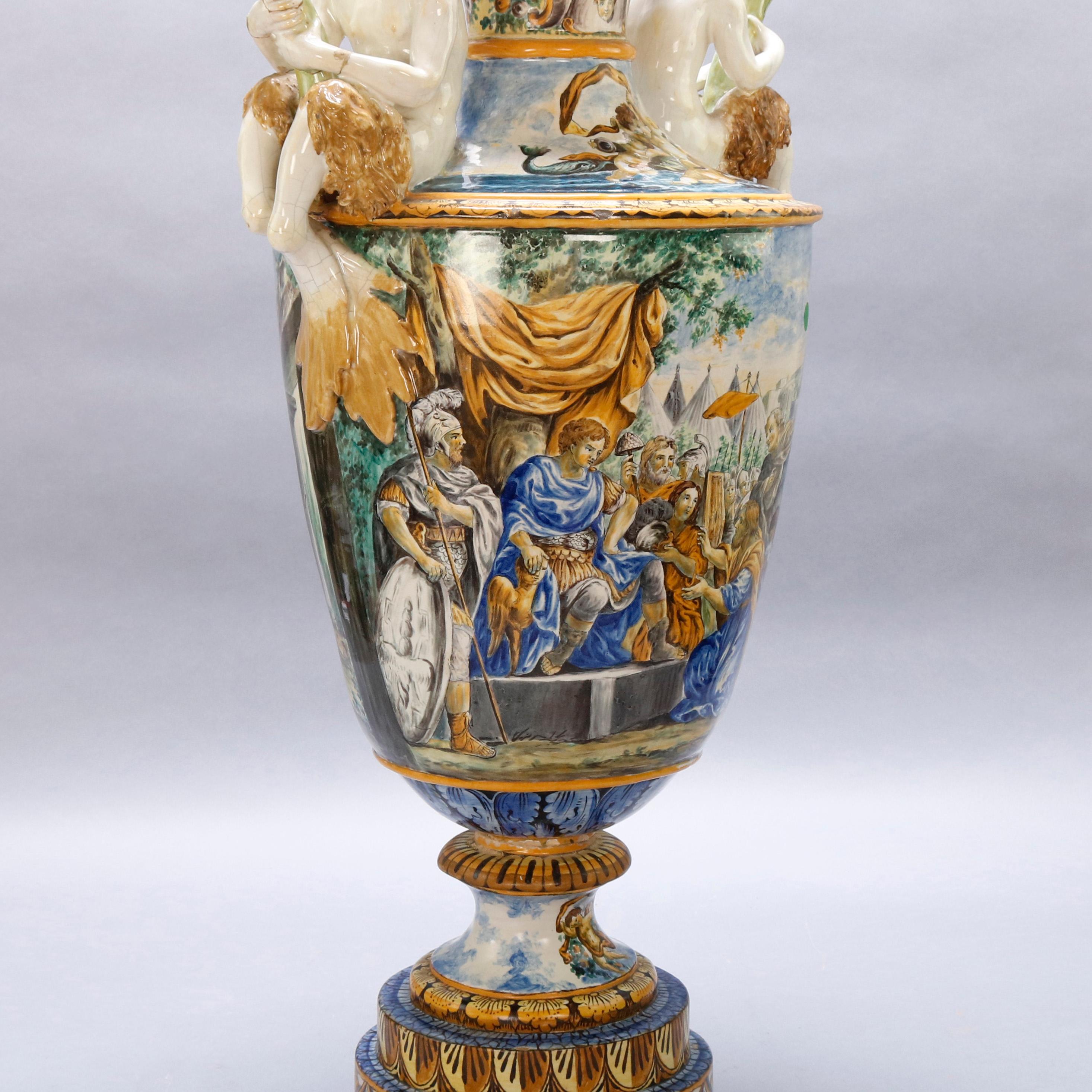 Antique Hand Painted Figural Majolica Pottery Classical Floor Urn, circa 1880 7