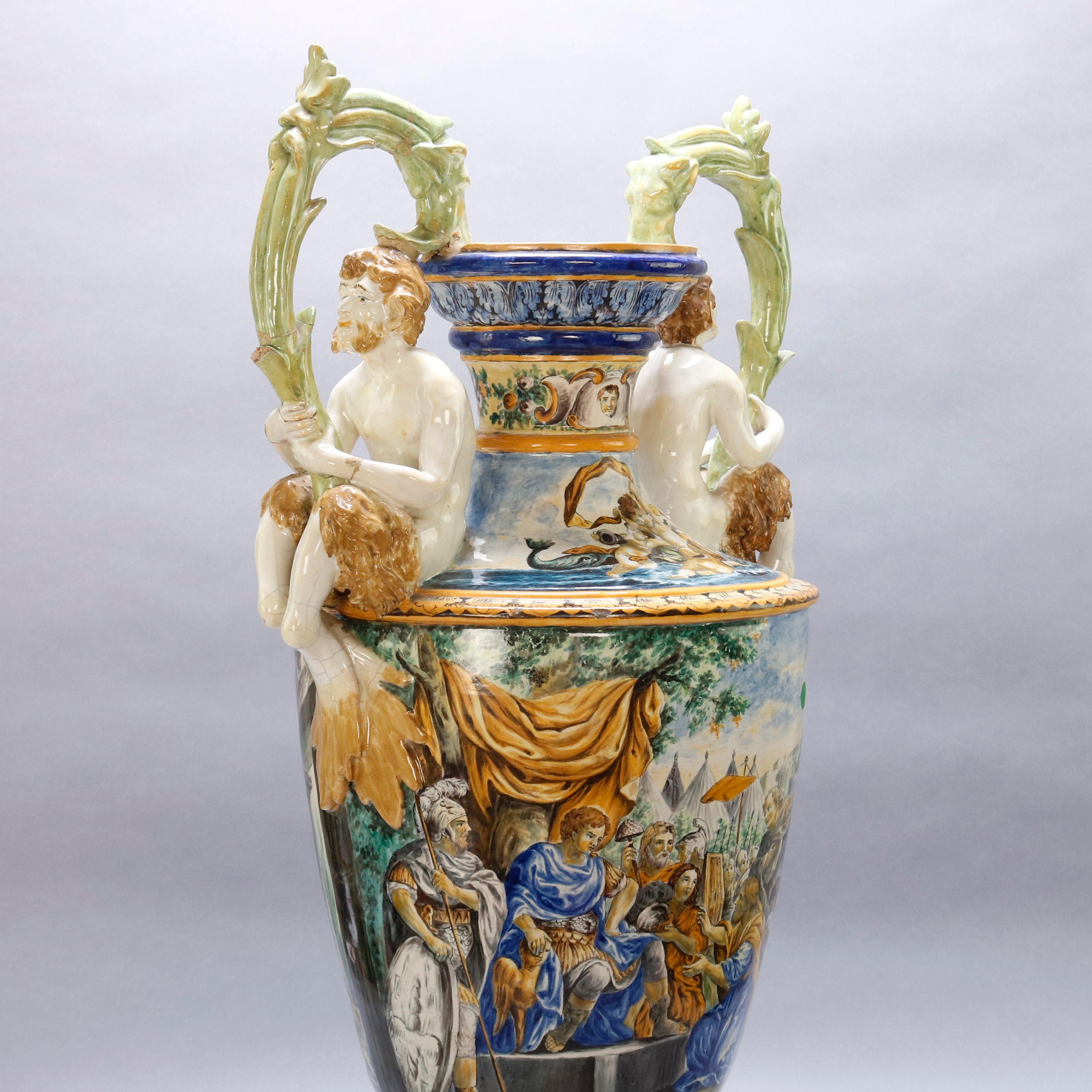 Antique Hand Painted Figural Majolica Pottery Classical Floor Urn, circa 1880 8