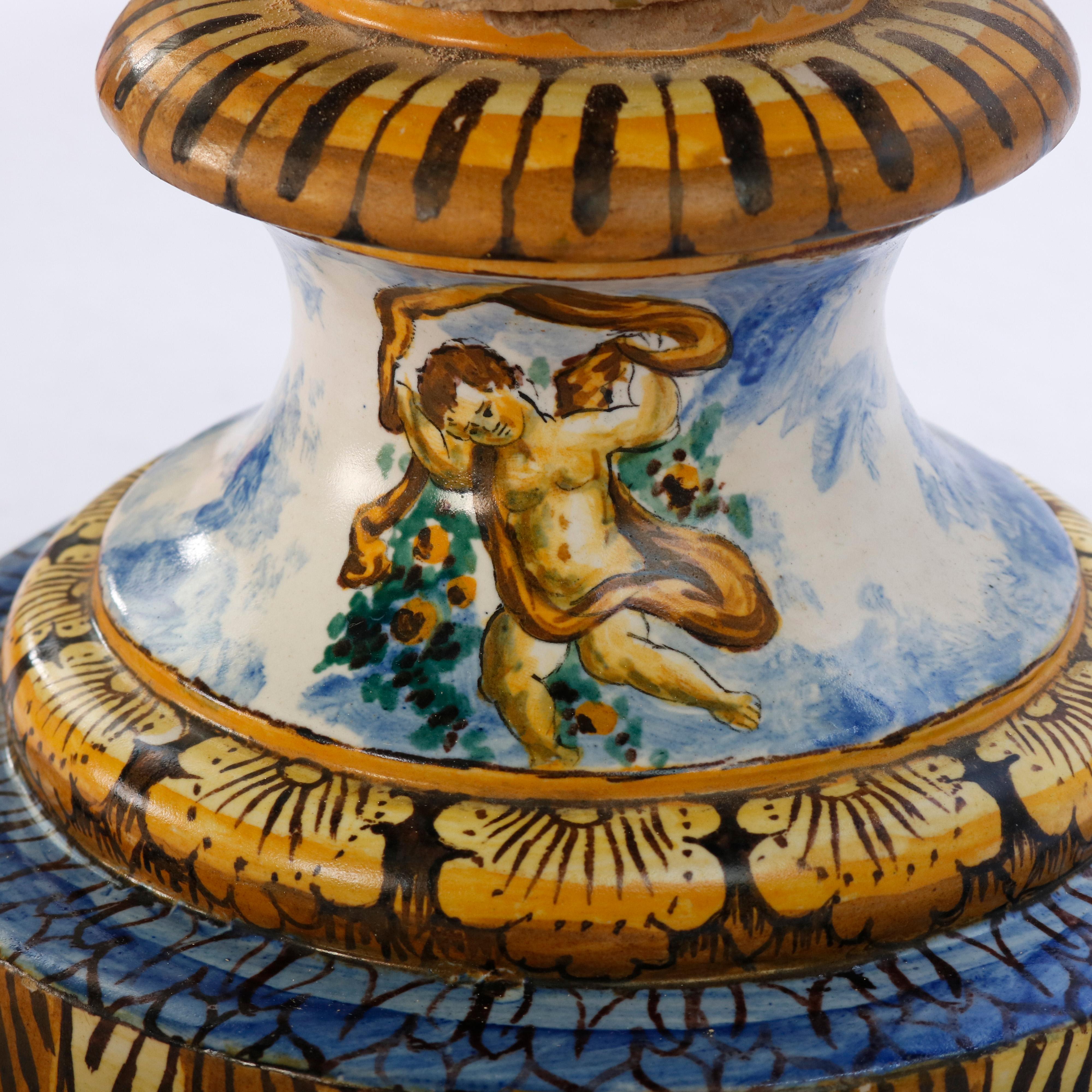 Gilt Antique Hand Painted Figural Majolica Pottery Classical Floor Urn, circa 1880