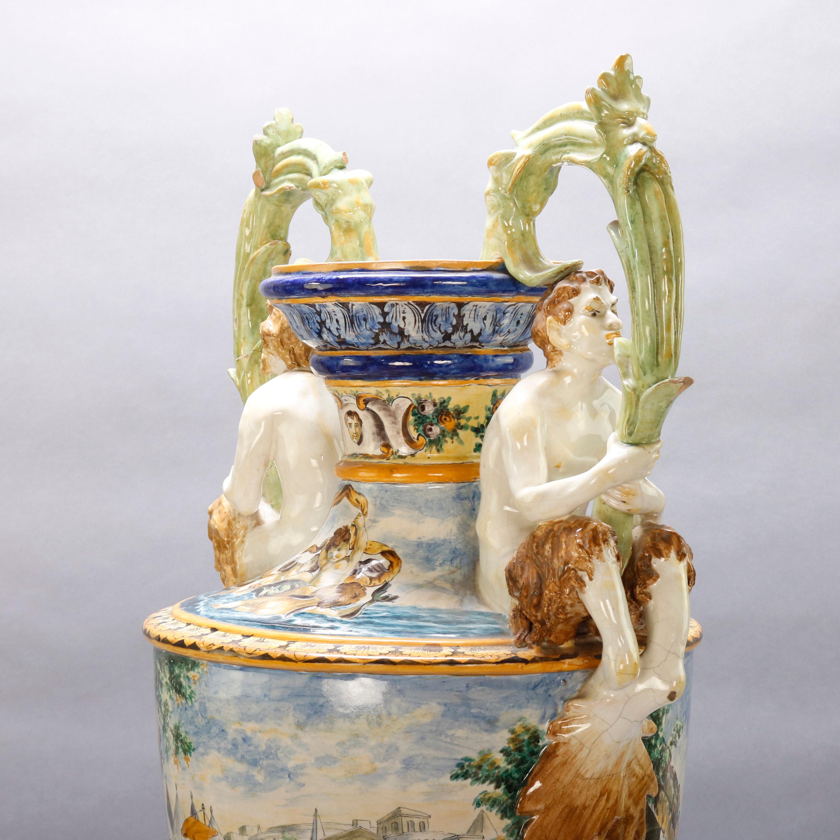 Antique Hand Painted Figural Majolica Pottery Classical Floor Urn, circa 1880 In Good Condition In Big Flats, NY