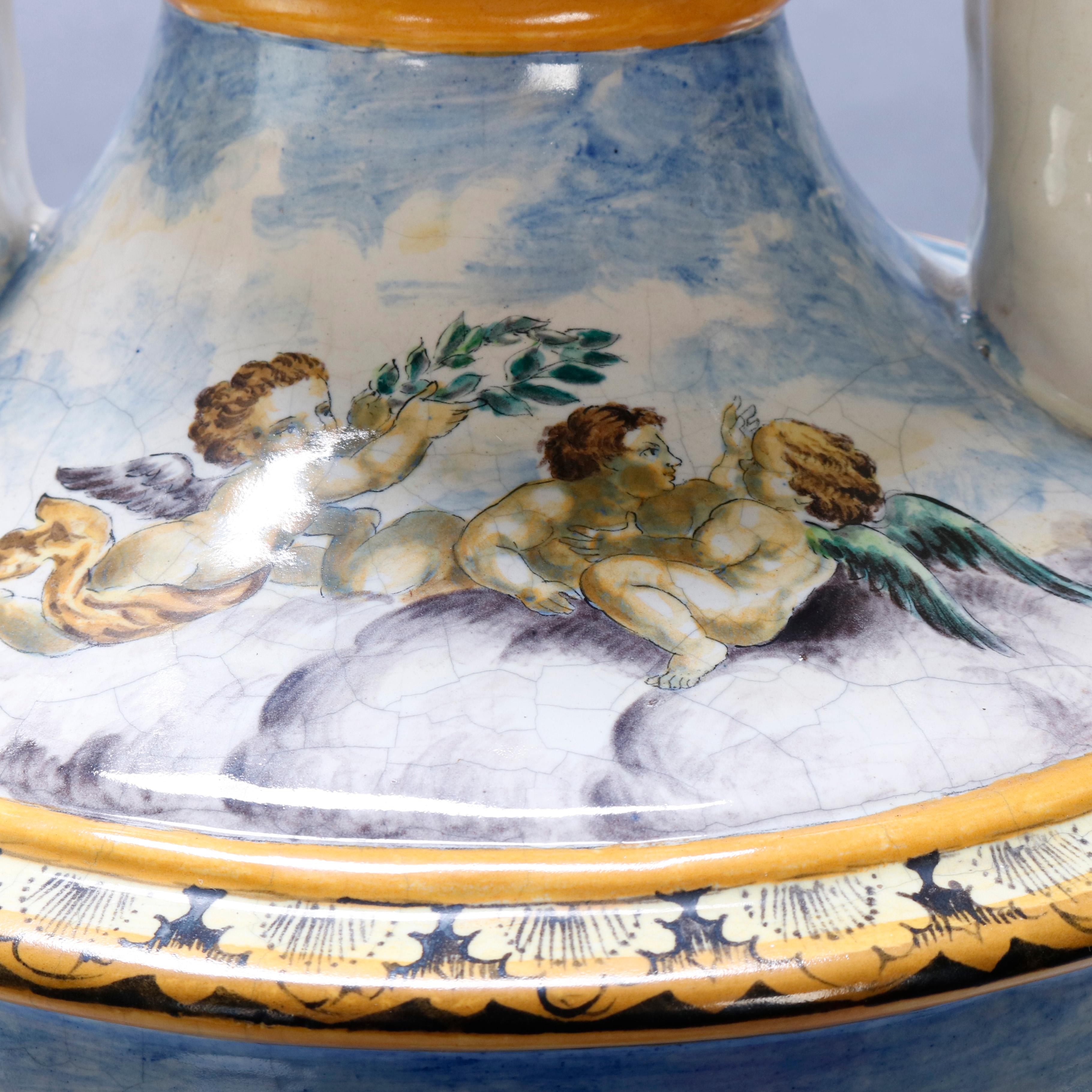 19th Century Antique Hand Painted Figural Majolica Pottery Classical Floor Urn, circa 1880