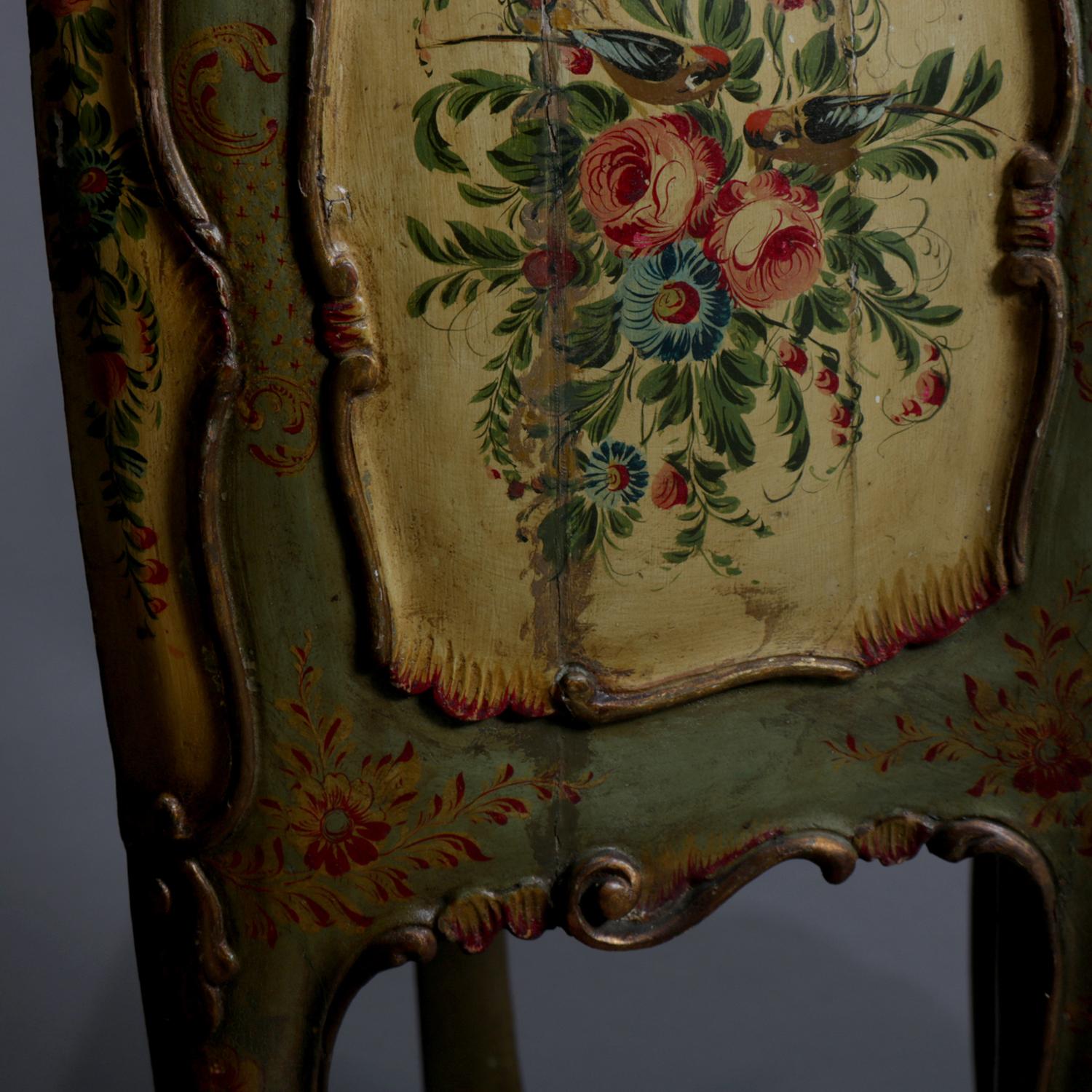Antique Italian Hand Painted Floral and Gilt Bombe Two-Drawer Commode 5