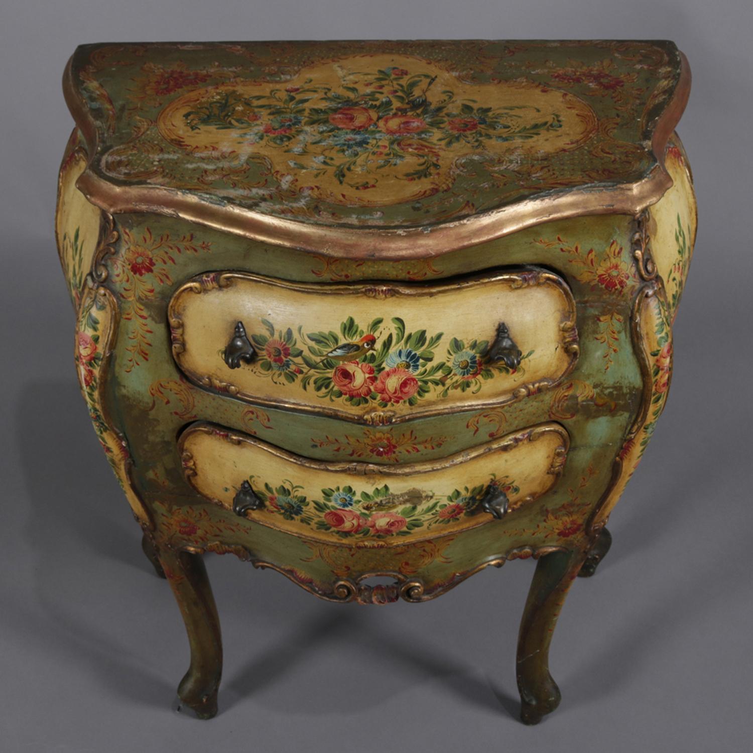 Cast Antique Italian Hand Painted Floral and Gilt Bombe Two-Drawer Commode