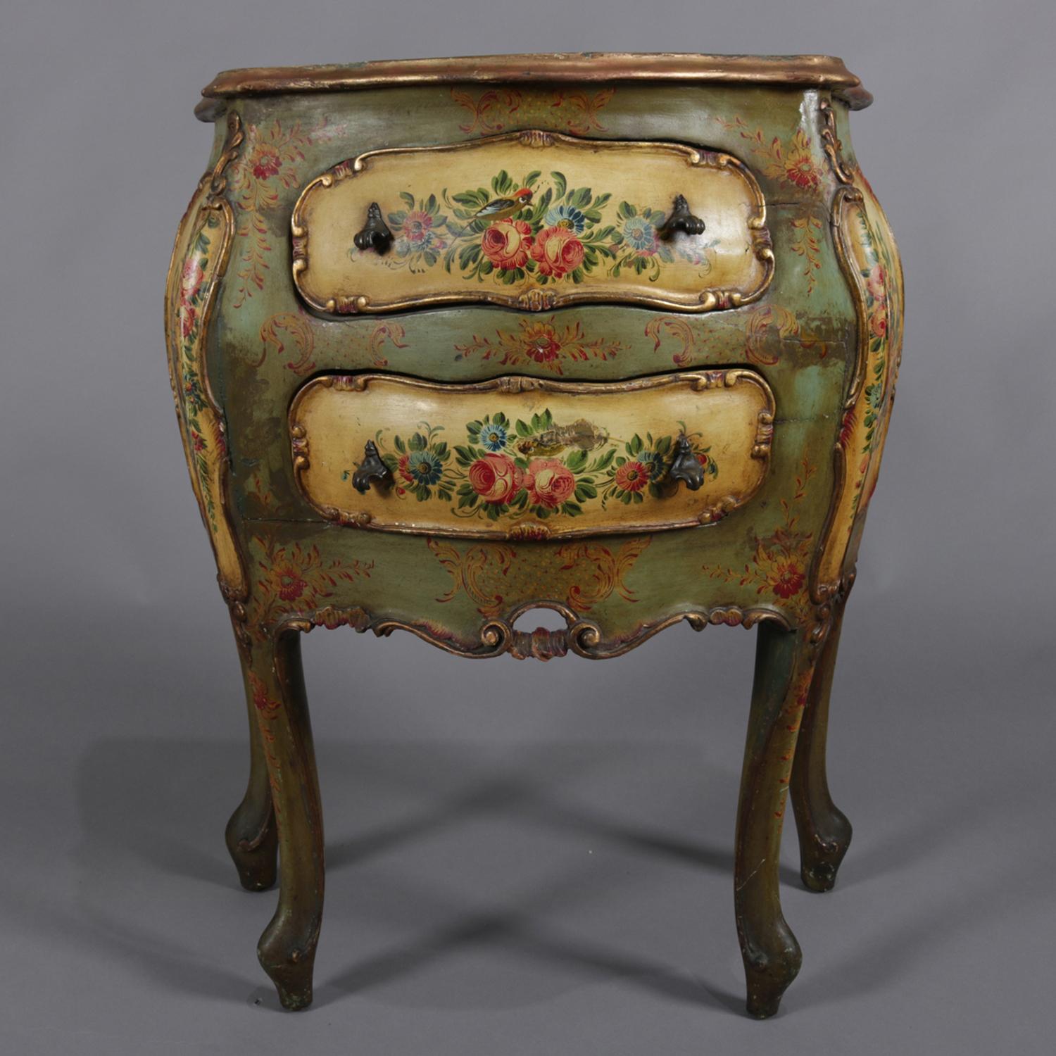 Antique Italian Hand Painted Floral and Gilt Bombe Two-Drawer Commode In Good Condition In Big Flats, NY
