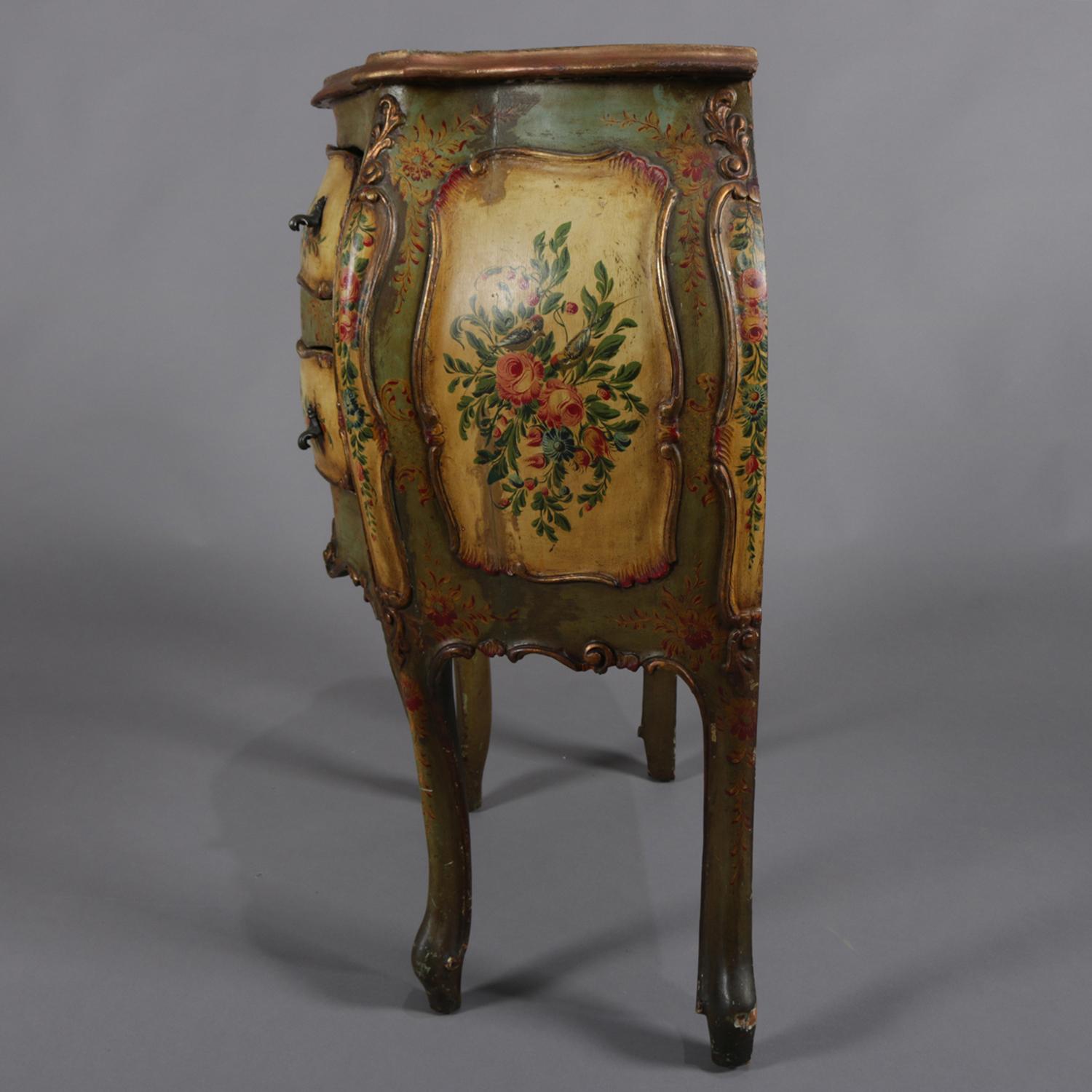 19th Century Antique Italian Hand Painted Floral and Gilt Bombe Two-Drawer Commode