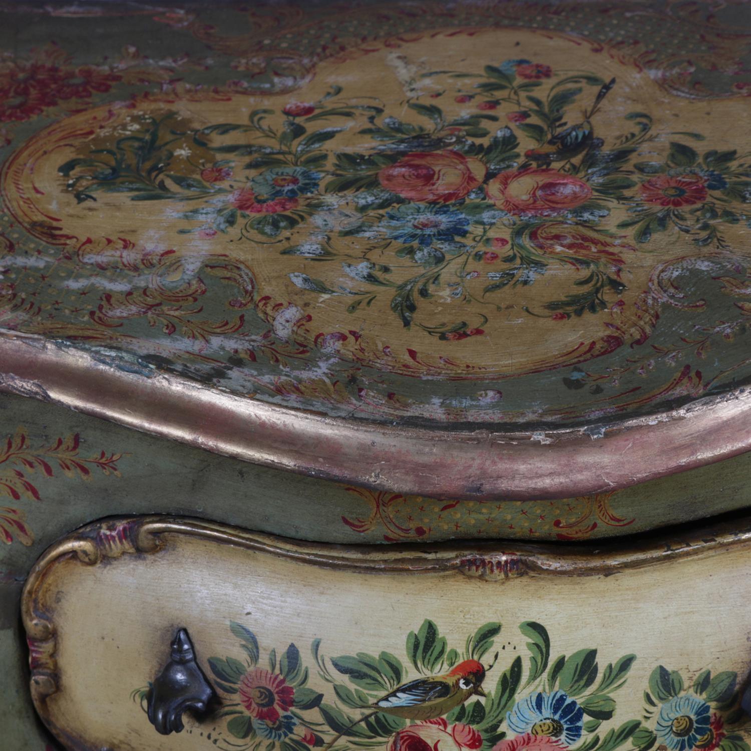 Antique Italian Hand Painted Floral and Gilt Bombe Two-Drawer Commode 2