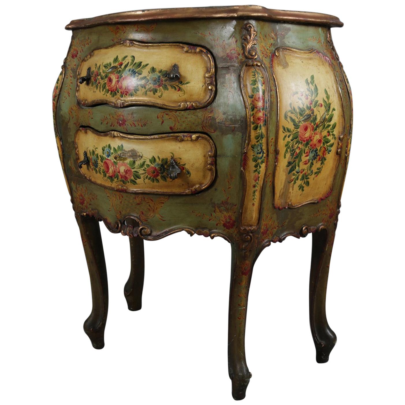 Antique Italian Hand Painted Floral and Gilt Bombe Two-Drawer Commode