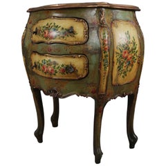 Antique Italian Hand Painted Floral and Gilt Bombe Two-Drawer Commode
