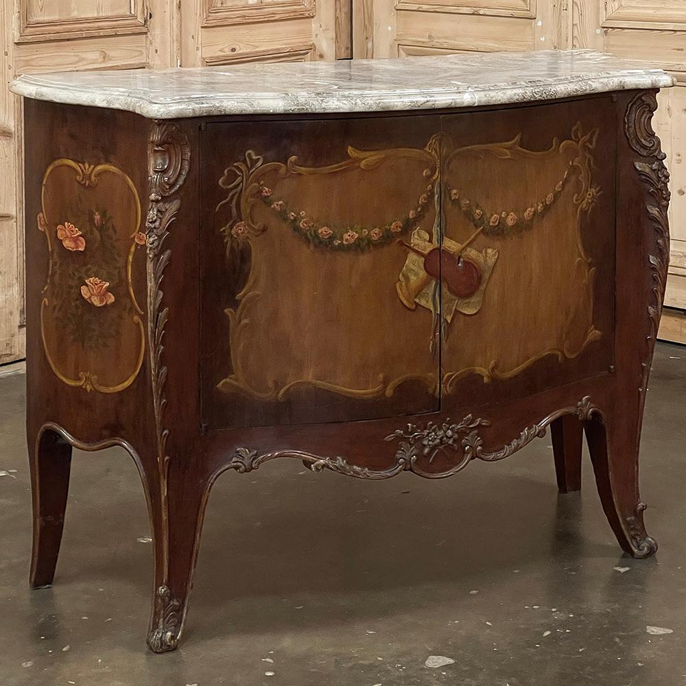 Antique Italian Hand-Painted Marble Top Bombe Commode ~ Cabinet at first glance appears to be a chest of drawers, but is actually a two door cabinet!  Of course one could still use it for storing clothes, but it also makes a great choice for any