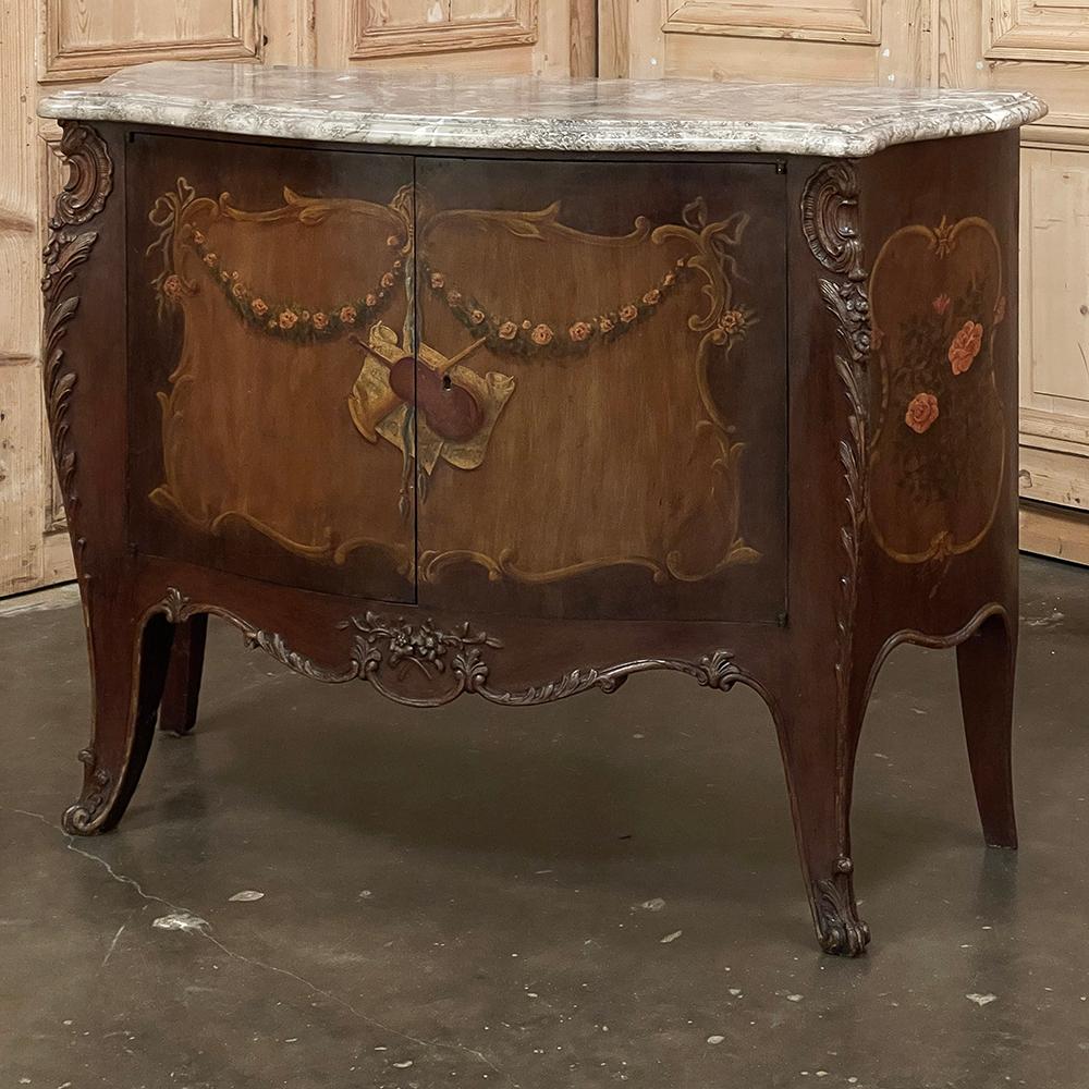 Louis XV Antique Italian Hand-Painted Marble Top Bombe Commode ~ Cabinet For Sale