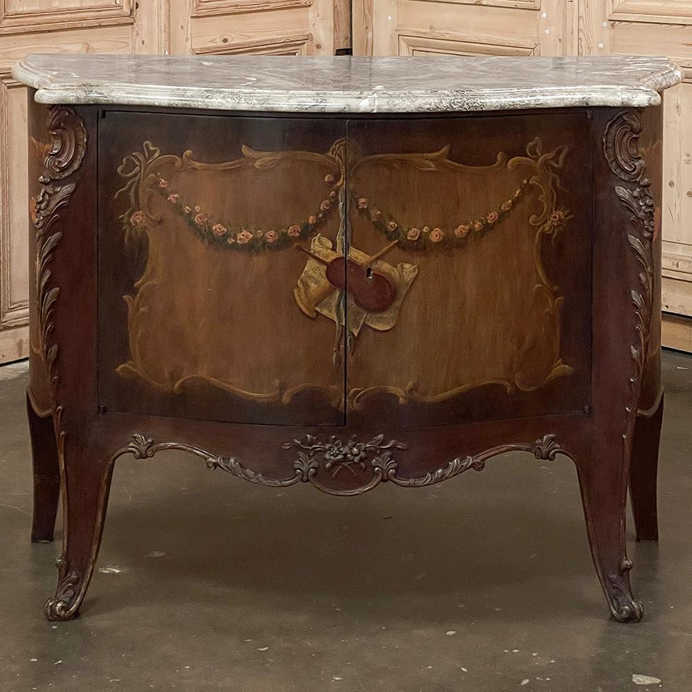 Hand-Crafted Antique Italian Hand-Painted Marble Top Bombe Commode ~ Cabinet For Sale
