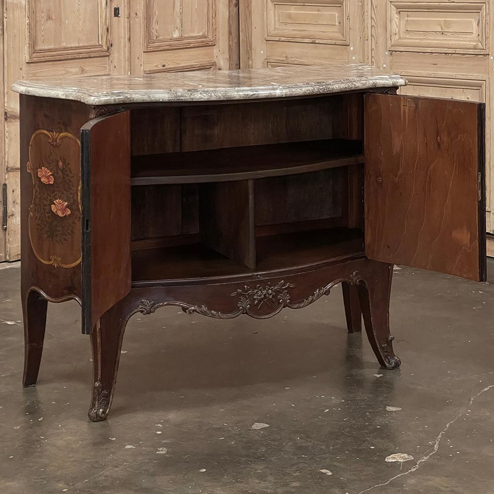 Antique Italian Hand-Painted Marble Top Bombe Commode ~ Cabinet In Good Condition For Sale In Dallas, TX