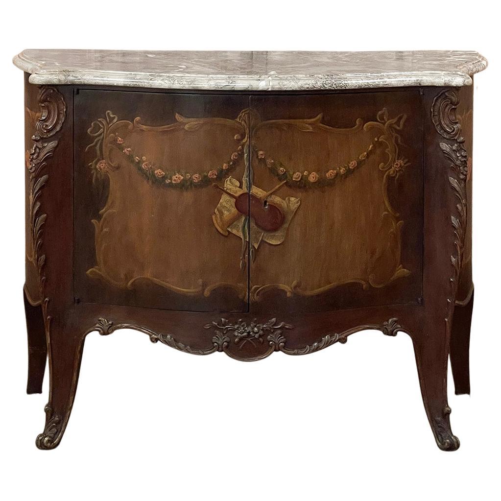 Antique Italian Hand-Painted Marble Top Bombe Commode ~ Cabinet