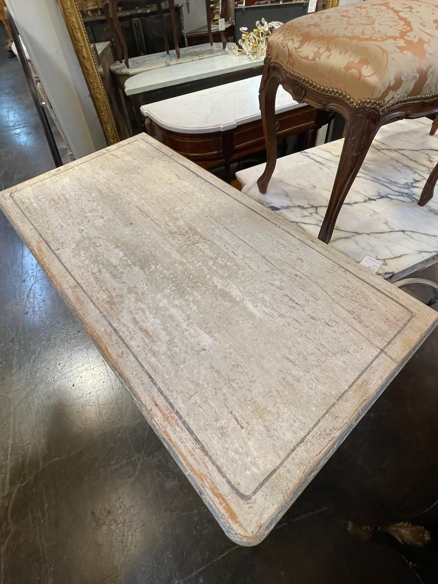 Beautiful antique Italian hand painted neo classical style commode. Decorative designs painted in a blue grey color. Gorgeous patina as well. A great piece for the modern farmhouse look!