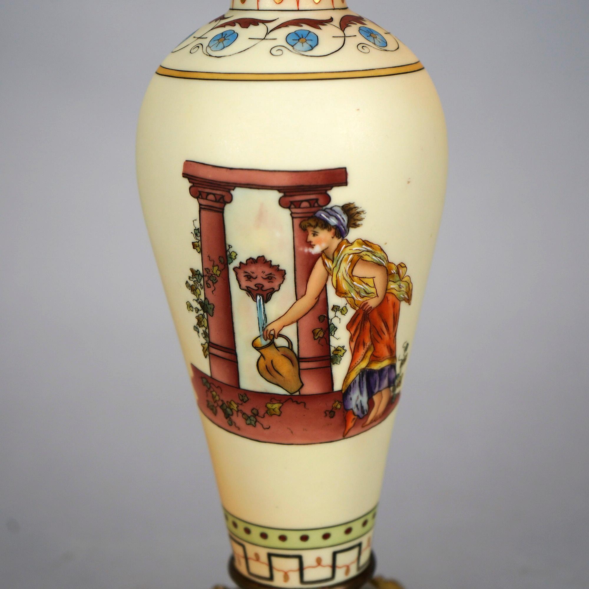 Antique Italian Hand Painted Porcelain Banquet Oil Lamp with Genre Scene, 19th C 6