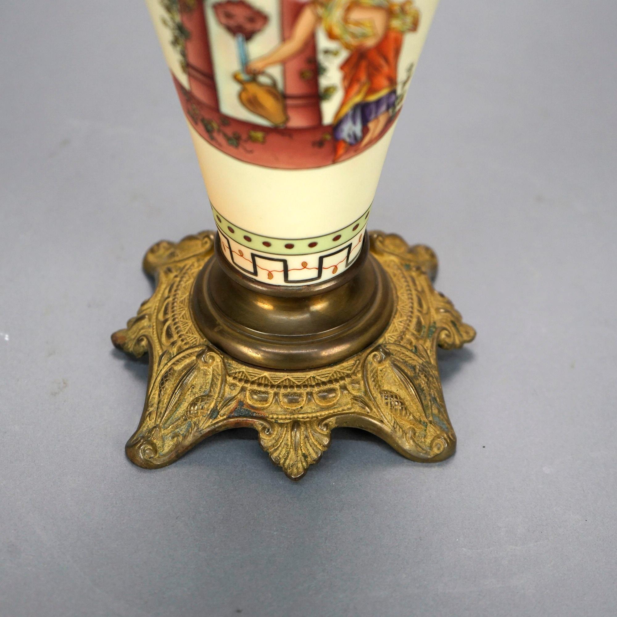 Antique Italian Hand Painted Porcelain Banquet Oil Lamp with Genre Scene, 19th C 11