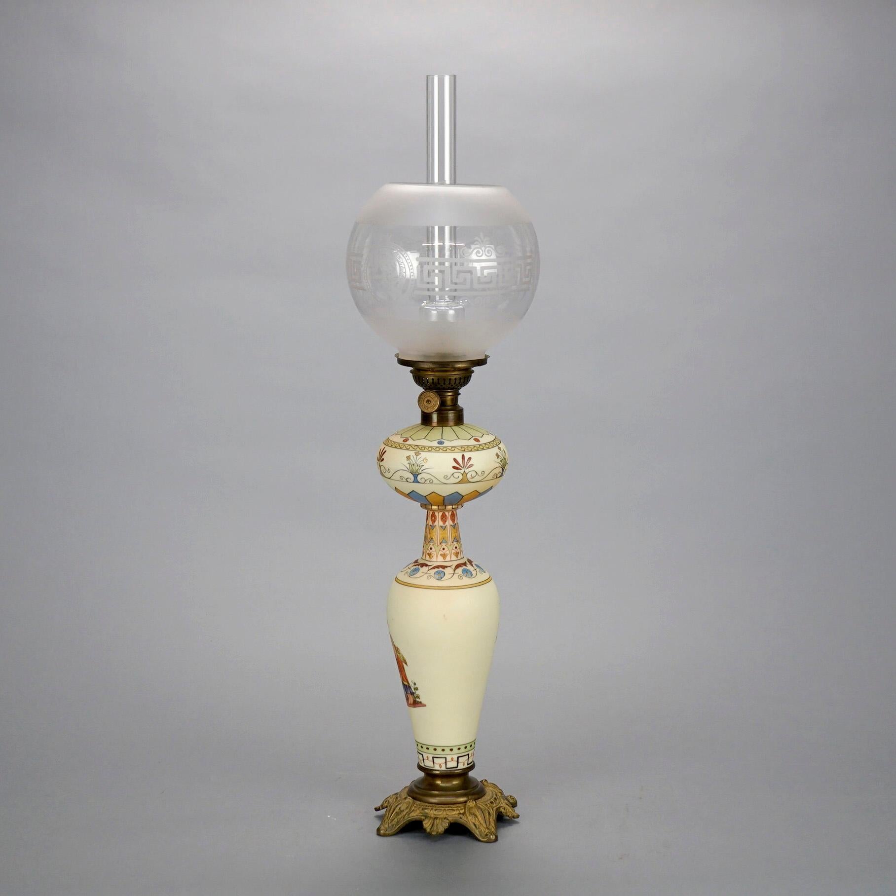 An antique banquet oil lamp offers porcelain base with hand painted genre scene of young girl collection water and en verso lyre, numbered on base as photographed, 19th century

Measures- 24.5'' H x 5.75'' W x 5.75'' D.