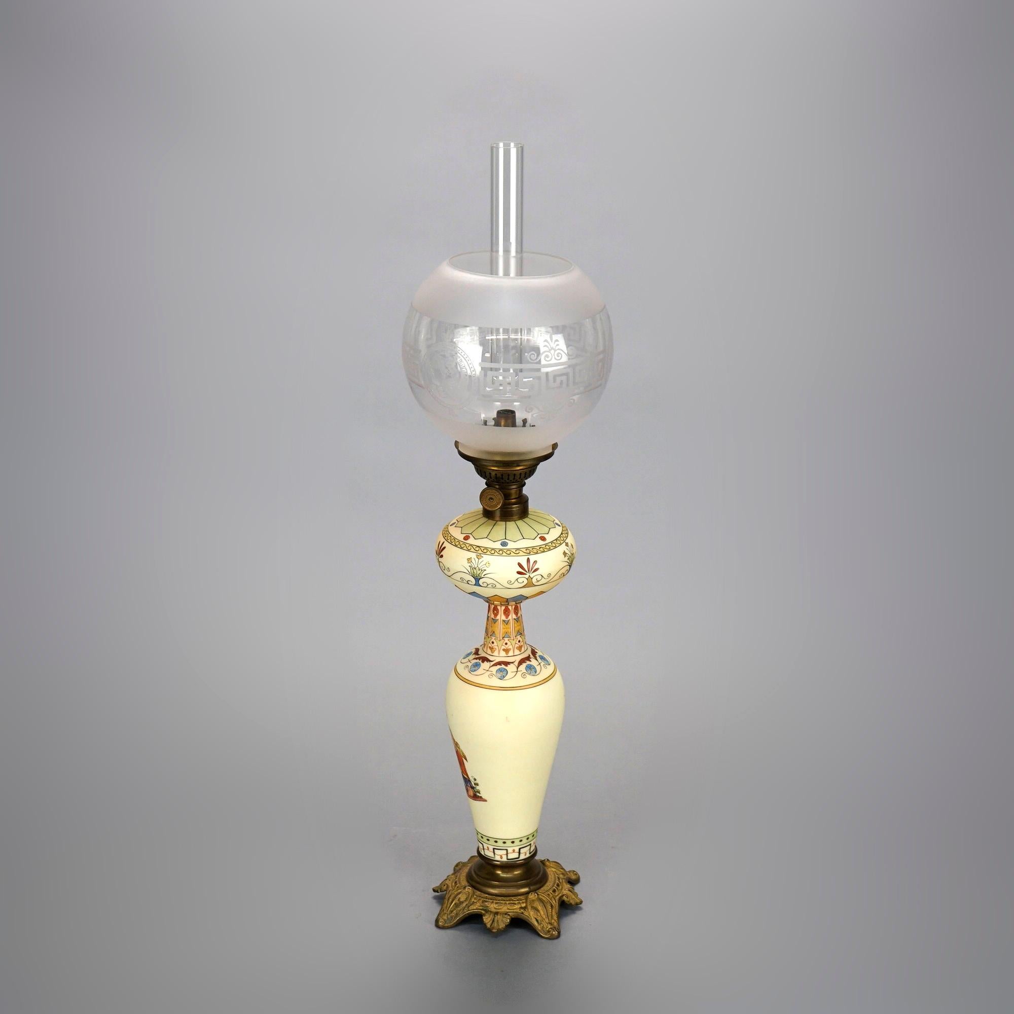 Hand-Painted Antique Italian Hand Painted Porcelain Banquet Oil Lamp with Genre Scene, 19th C
