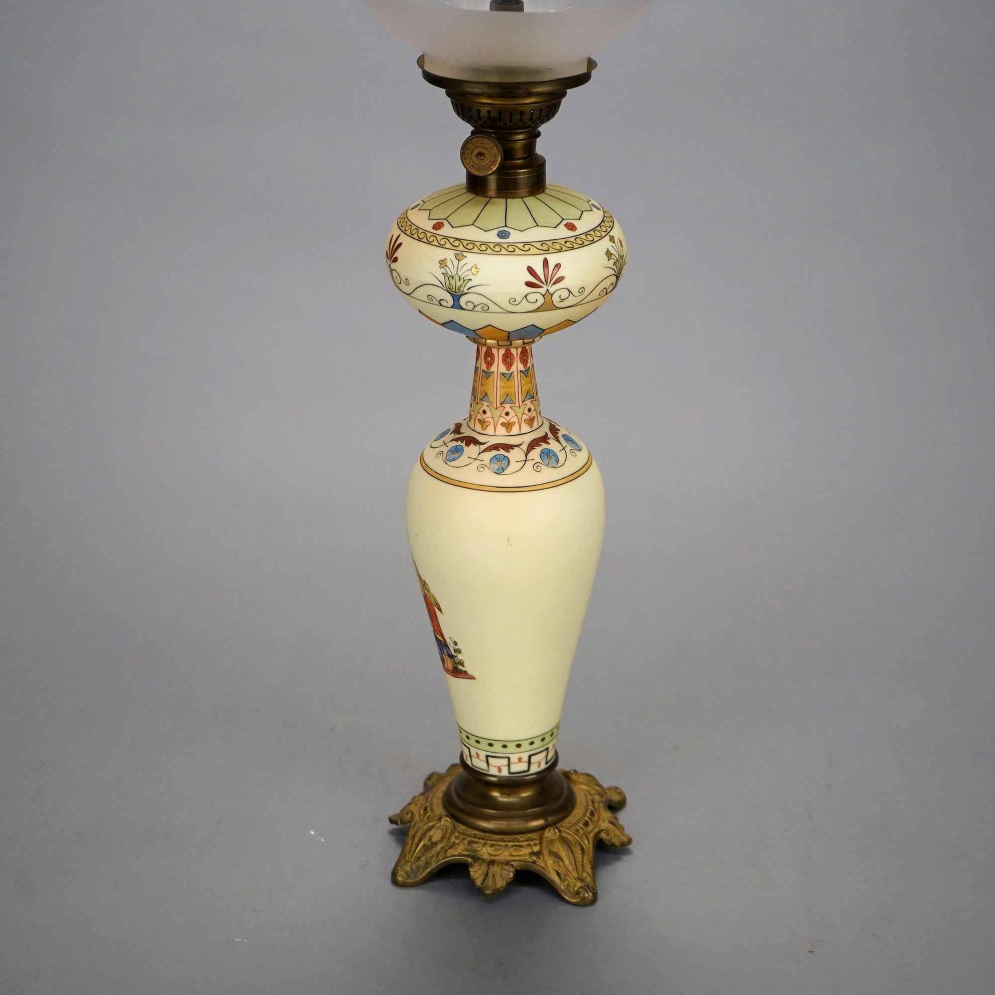 Antique Italian Hand Painted Porcelain Banquet Oil Lamp with Genre Scene, 19th C In Good Condition In Big Flats, NY
