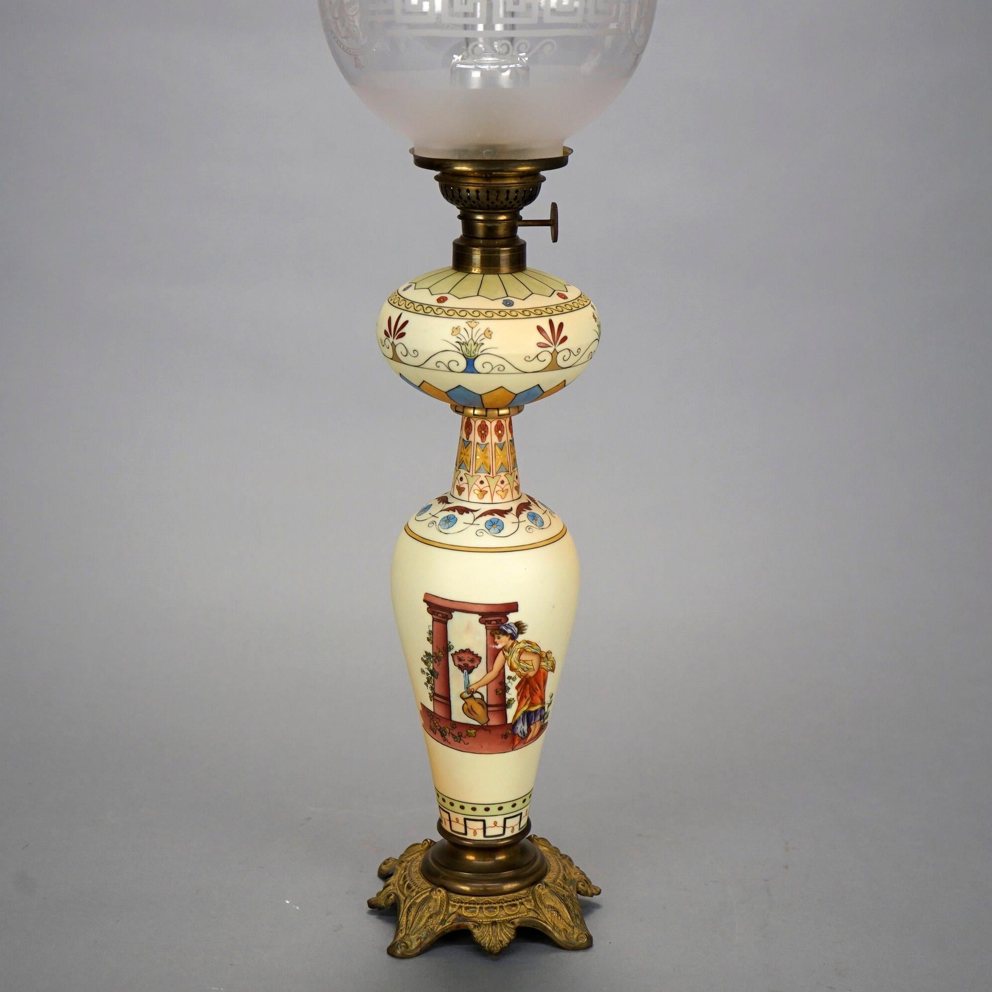 19th Century Antique Italian Hand Painted Porcelain Banquet Oil Lamp with Genre Scene, 19th C