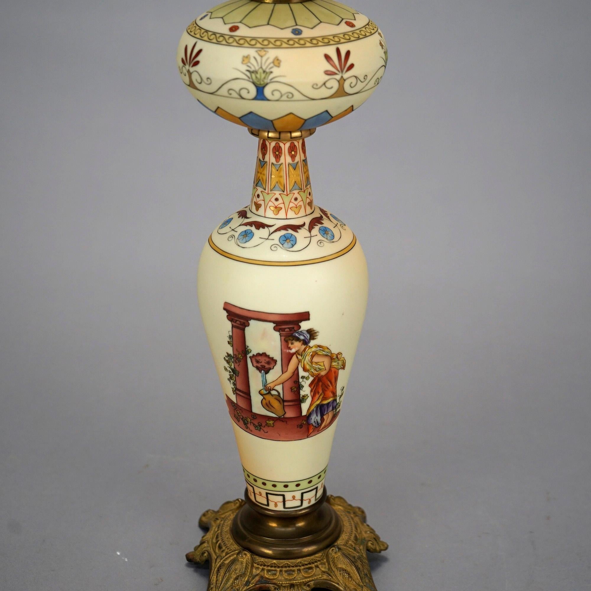 Antique Italian Hand Painted Porcelain Banquet Oil Lamp with Genre Scene, 19th C 1