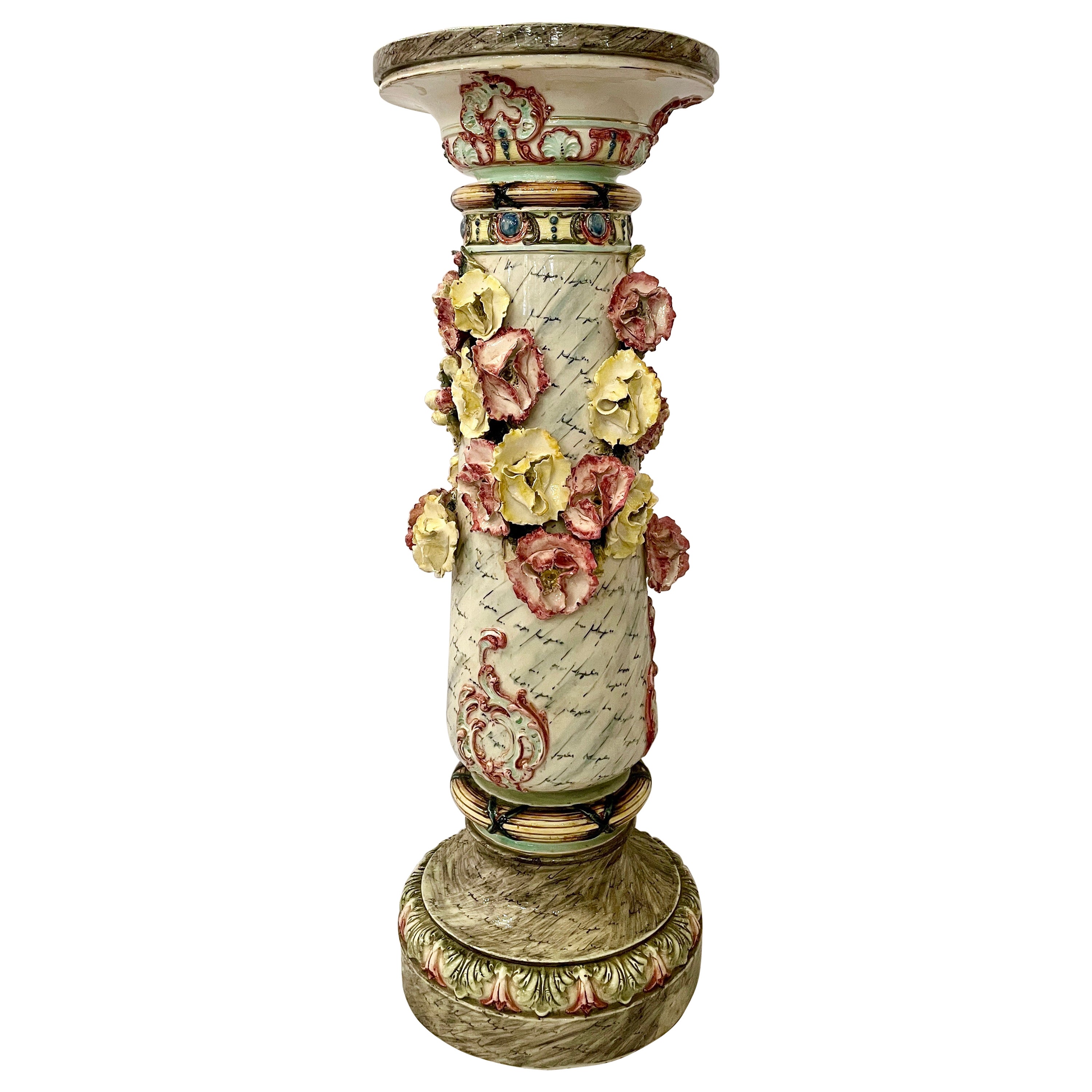 Antique Italian Hand-Painted Porcelain Pedestal, Pink 
Yellow Flowers, Ca. 1920