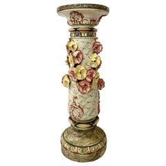 Antiker italienischer handbemalter Porzellansockel mit rosa und gelben Blumen, ca. 1920