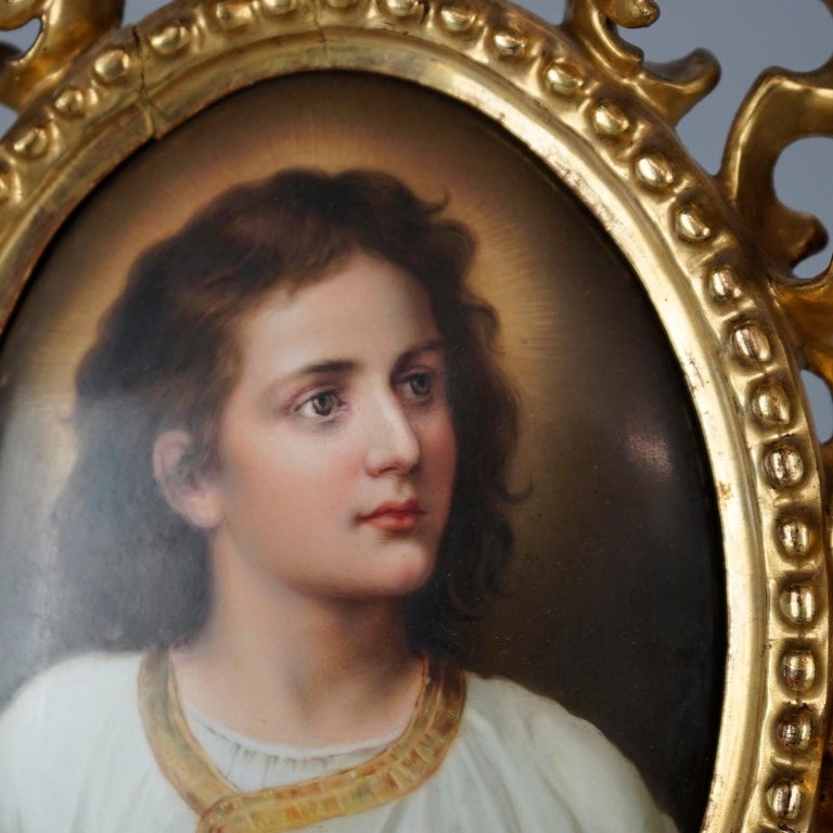 Antique Italian Hand Painted Porcelain Portrait, Young Jesus, Gilt