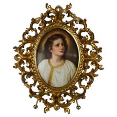 Antique Italian Hand Painted Porcelain Portrait, Young Jesus, Gilt Frame, 19th C