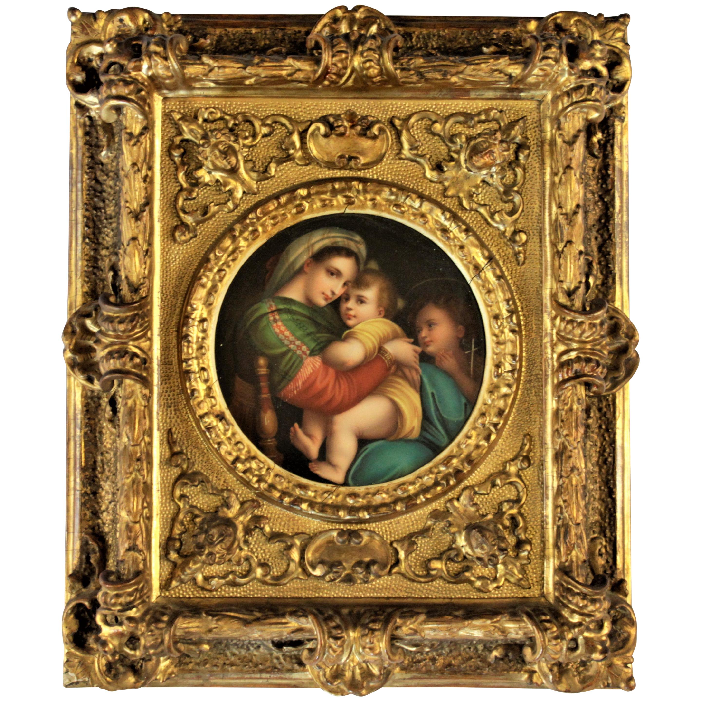 Antique Italian Hand Painted Religious Porcelain Panel with Carved Wood Frame