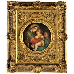 Antique Italian Hand Painted Religious Porcelain Panel with Carved Wood Frame