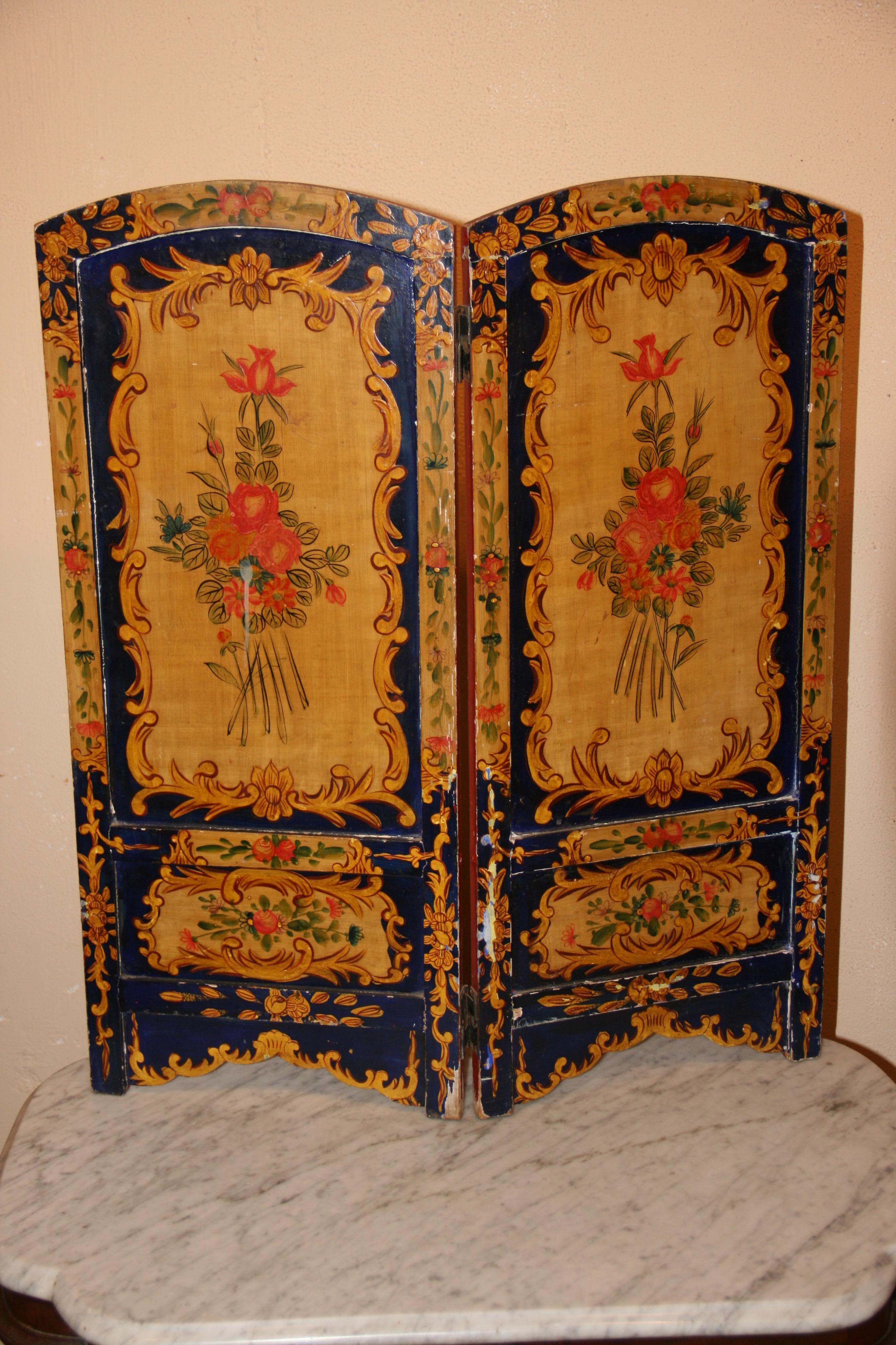 Hardwood Antique Italian Hand Painted Two Sided Table Top Screen For Sale