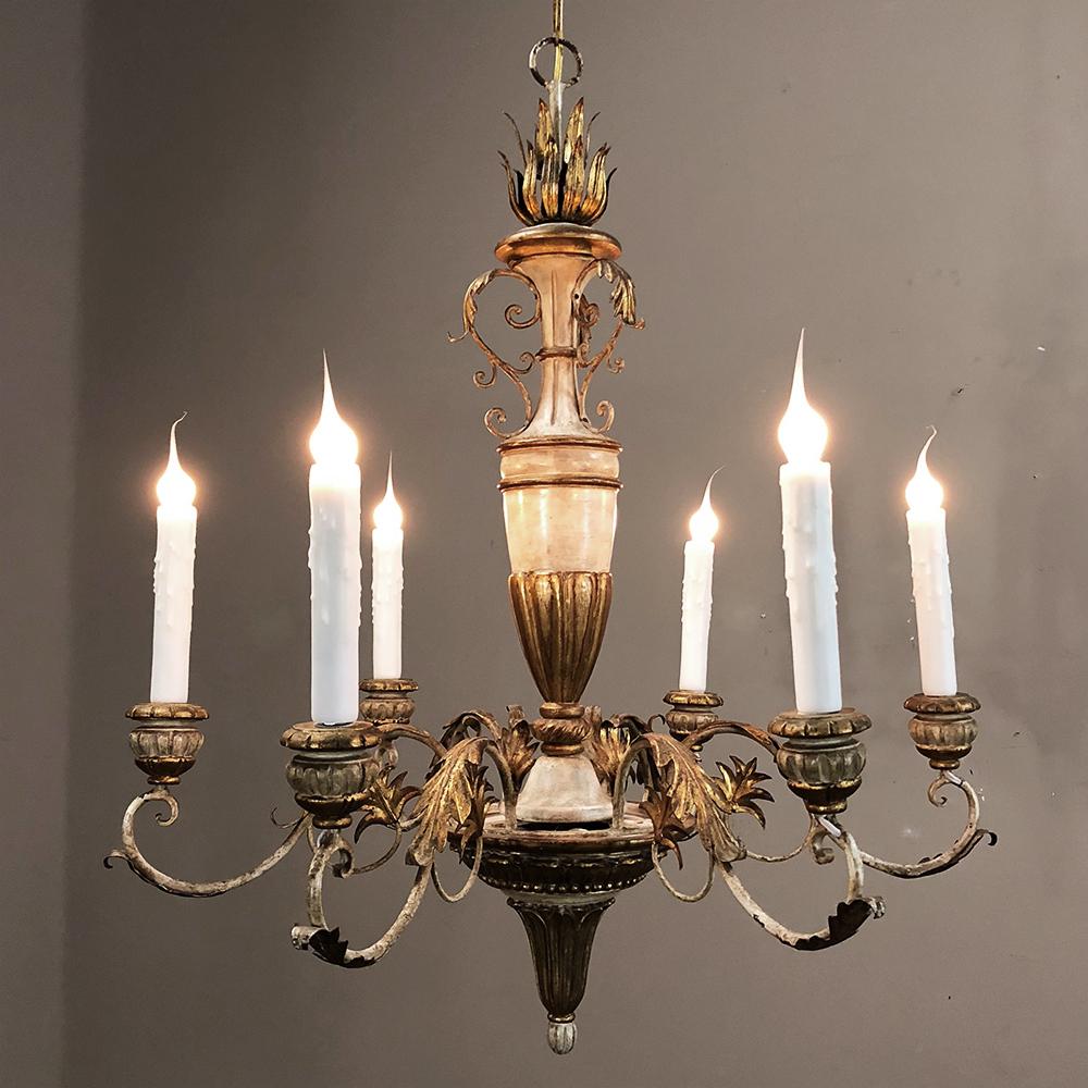 Antique Italian hand painted wood and iron chandelier is perfect for adding Italian flair and color to your room, with classical styling that will make it a conversation piece as well! Newly electrified to make your home brighter and more
