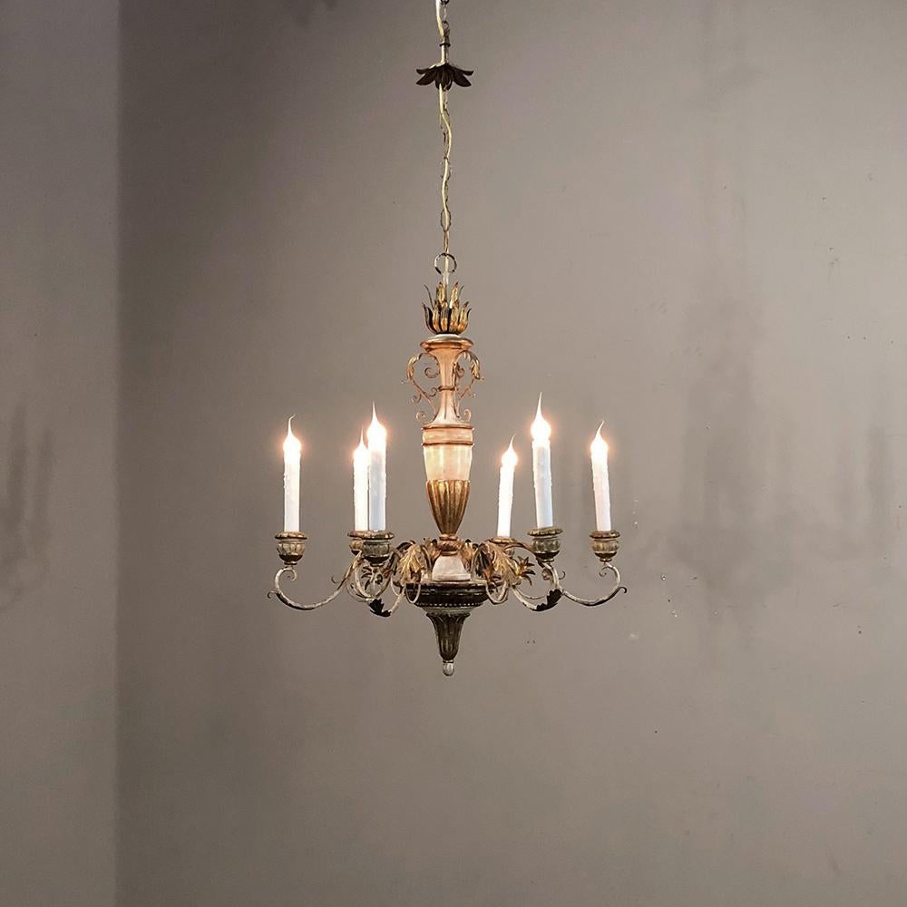 Neoclassical Revival Antique Italian Hand Painted Wood and Iron Chandelier