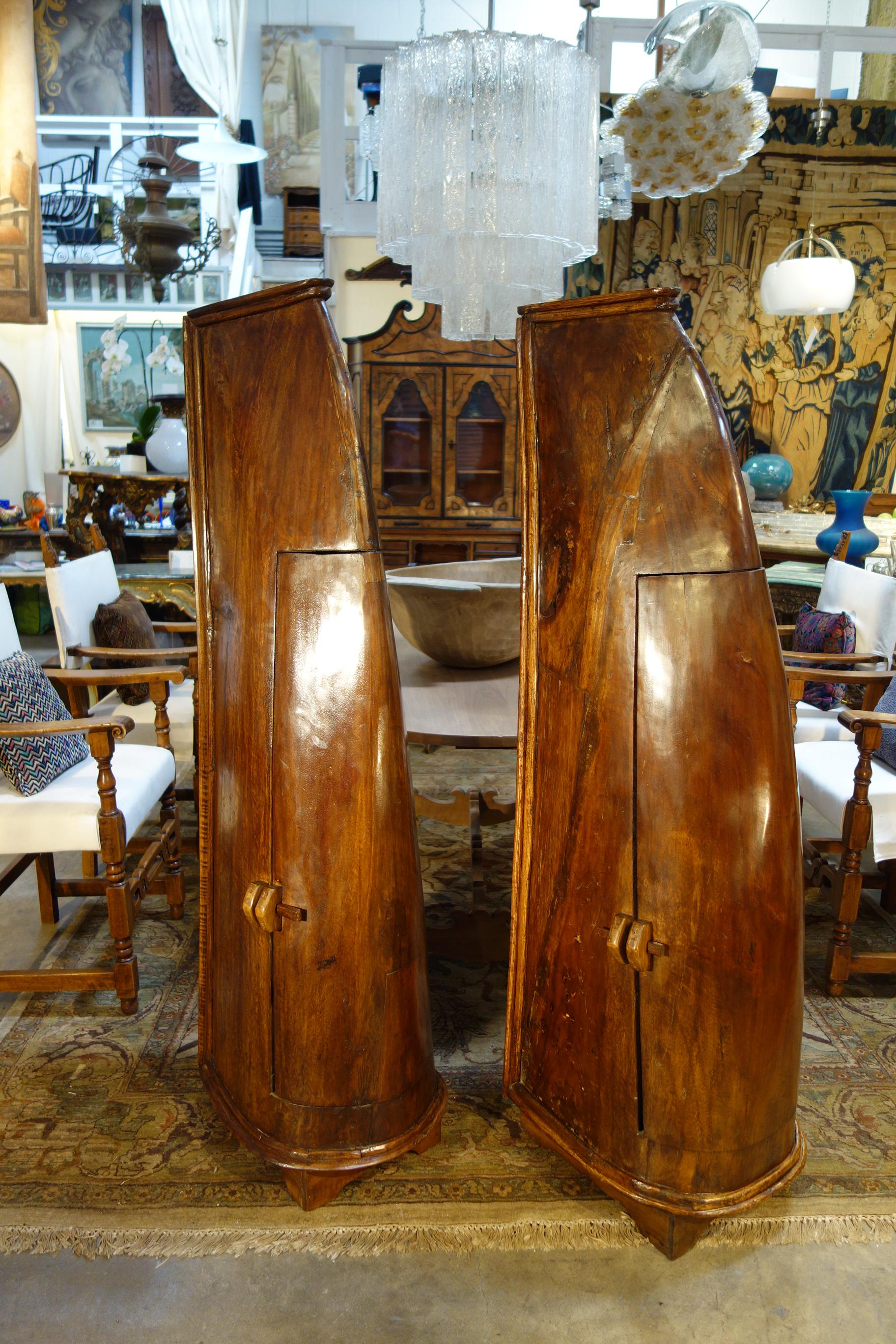 Hand-Crafted Antique Italian Handcrafted Primitive 19th Century Teak Canoe Cabinet Pair