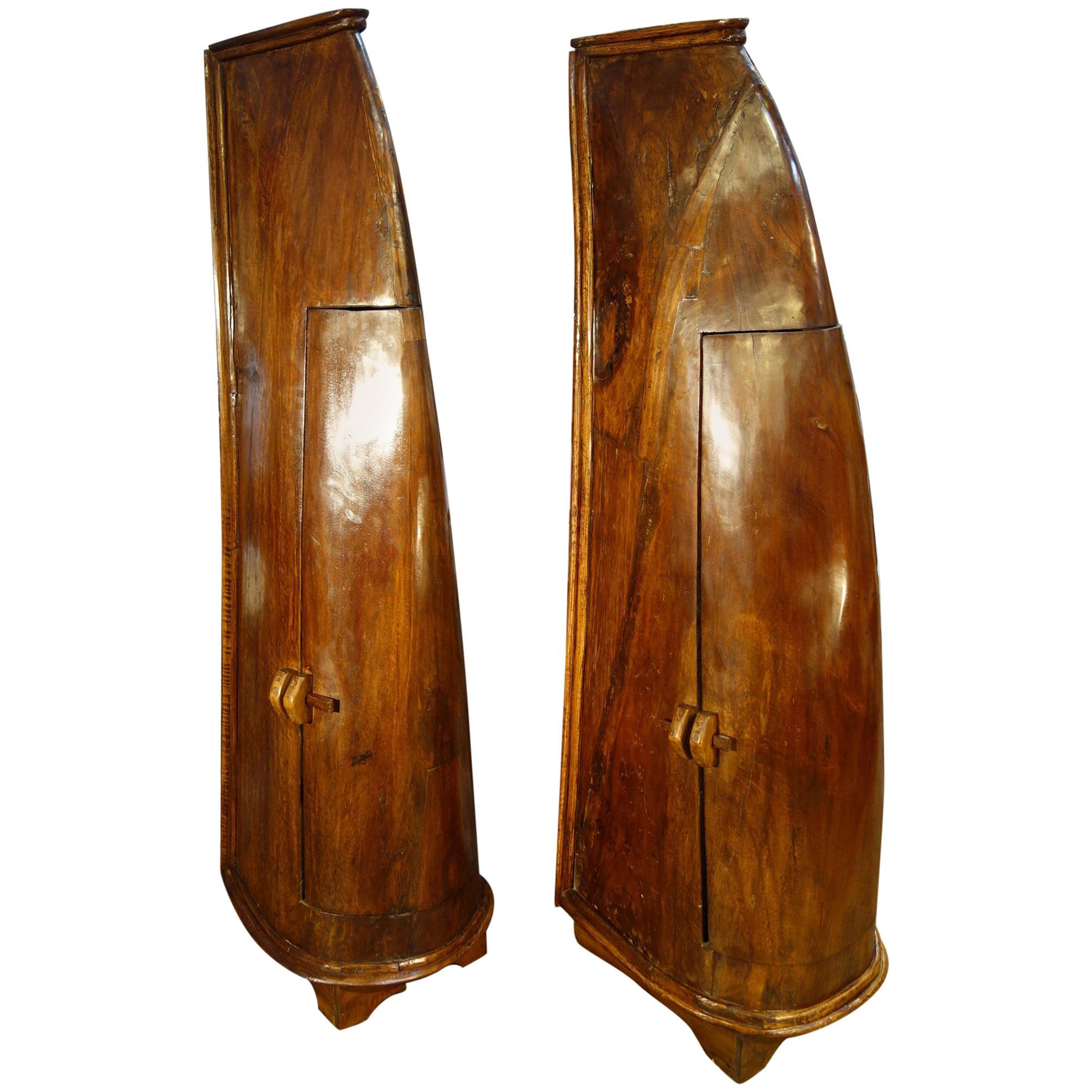 Antique Italian Handcrafted Primitive 19th Century Teak Canoe Cabinet Pair