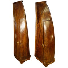 Antique Italian Handcrafted Primitive 19th Century Teak Canoe Cabinet Pair