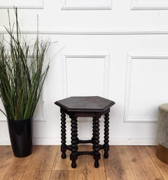 Antique Italian Hexagonal Black Walnut Side Table Stool with Bobbin Turned Legs