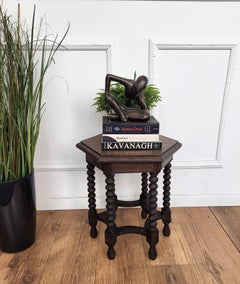 Antique Italian Hexagonal Black Walnut Side Table Stool with Bobbin Turned Legs
