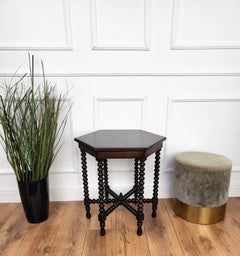 Antique Italian Hexagonal Black Walnut Side Table Stool with Bobbin Turned Legs