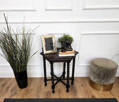 Antique Italian Hexagonal Black Walnut Side Table Stool with Bobbin Turned Legs