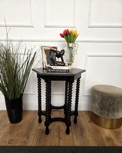 Antique Italian Hexagonal Black Walnut Side Table Stool with Bobbin Turned Legs