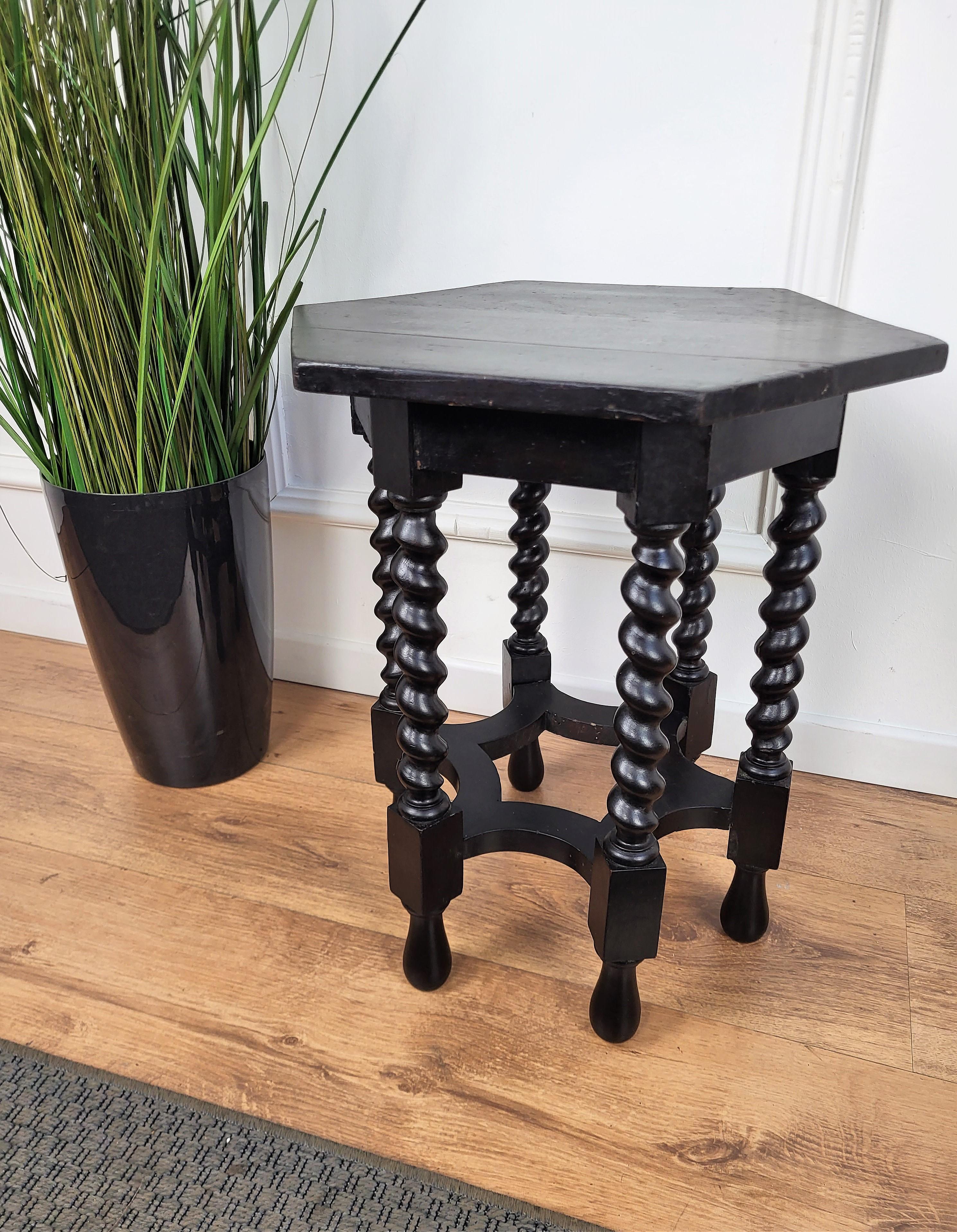 Renaissance Antique Italian Hexagonal Black Walnut Side Table Stool with Bobbin Turned Legs