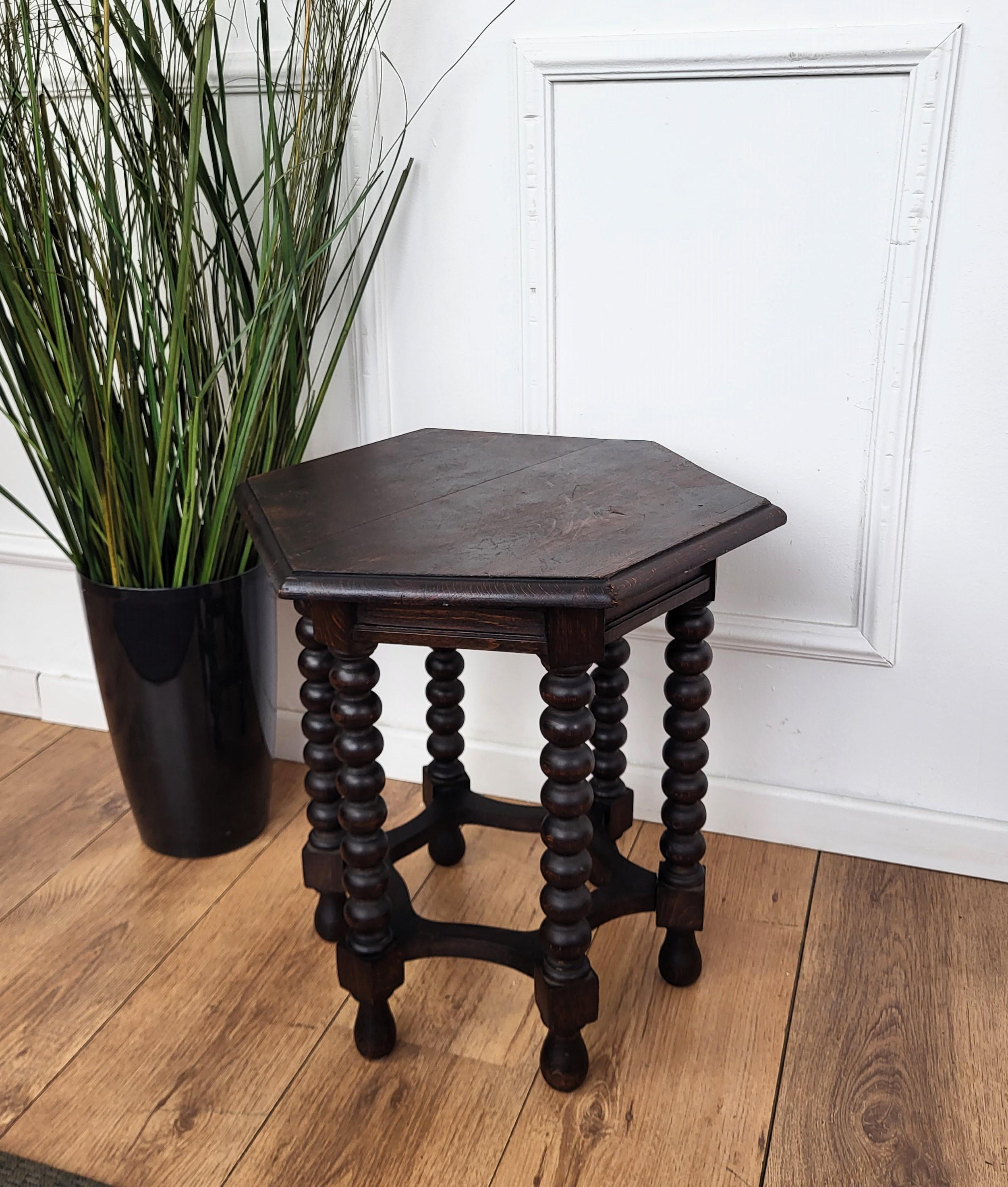 Renaissance Antique Italian Hexagonal Black Walnut Side Table Stool with Bobbin Turned Legs For Sale