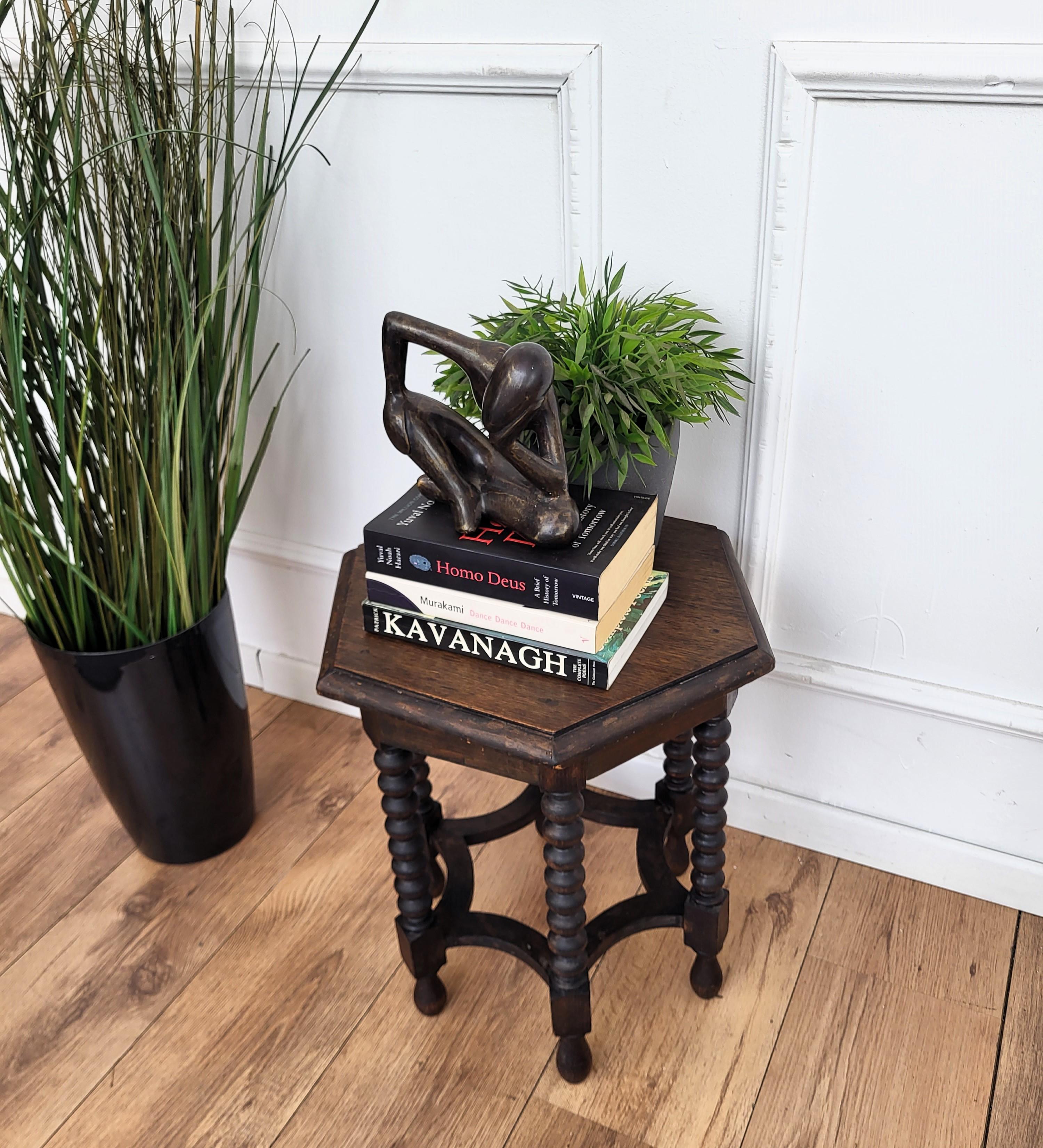 Renaissance Antique Italian Hexagonal Black Walnut Side Table Stool with Bobbin Turned Legs