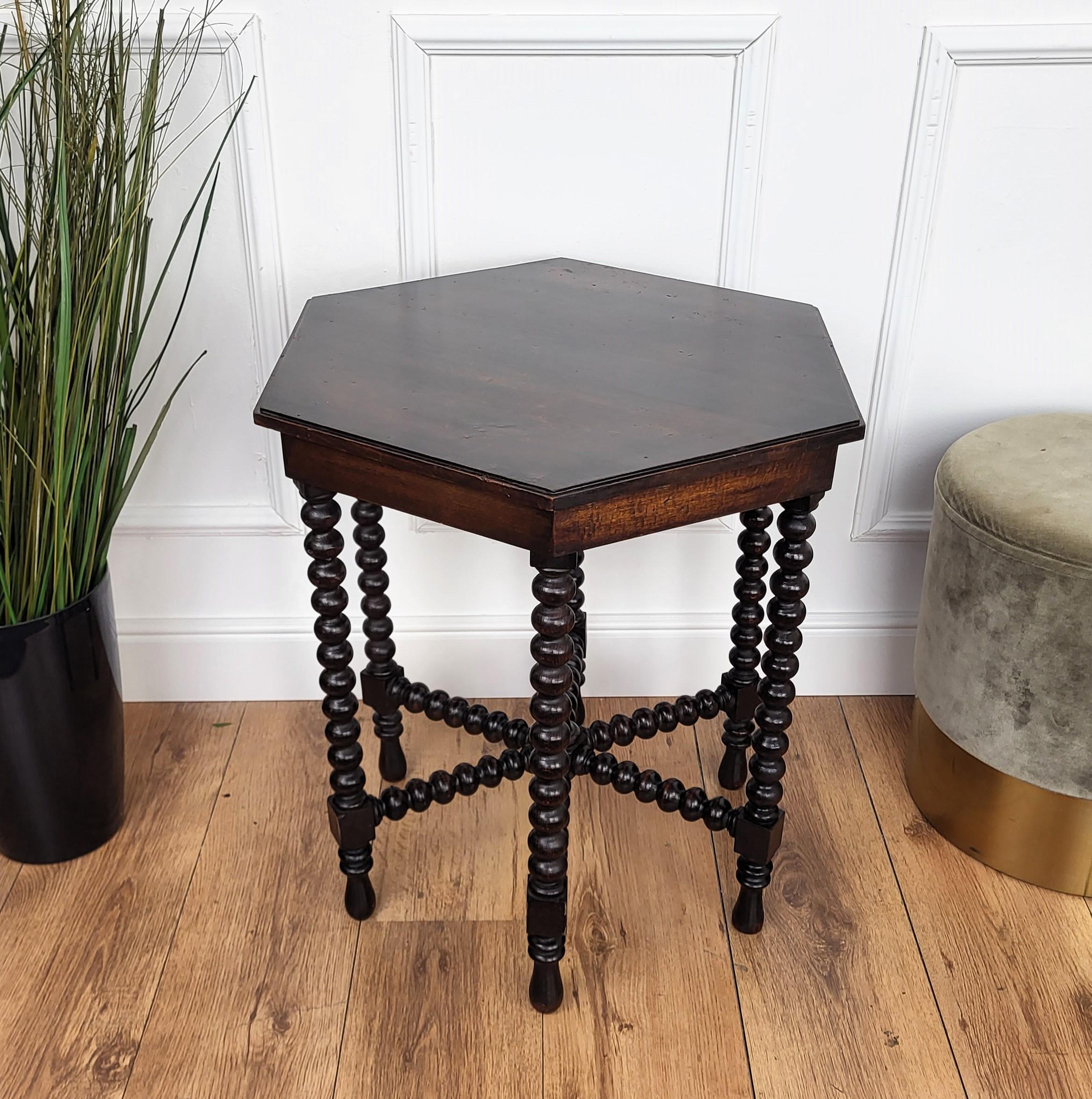 Renaissance Antique Italian Hexagonal Black Walnut Side Table Stool with Bobbin Turned Legs